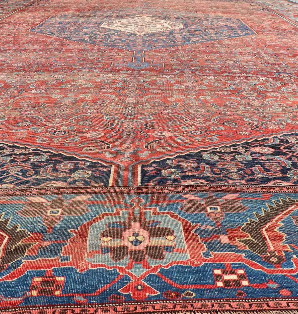 Very Large Antique Persian Bidjar Rug in Multi Shades of Blue, Tera-Cotta & Red For Sale 8