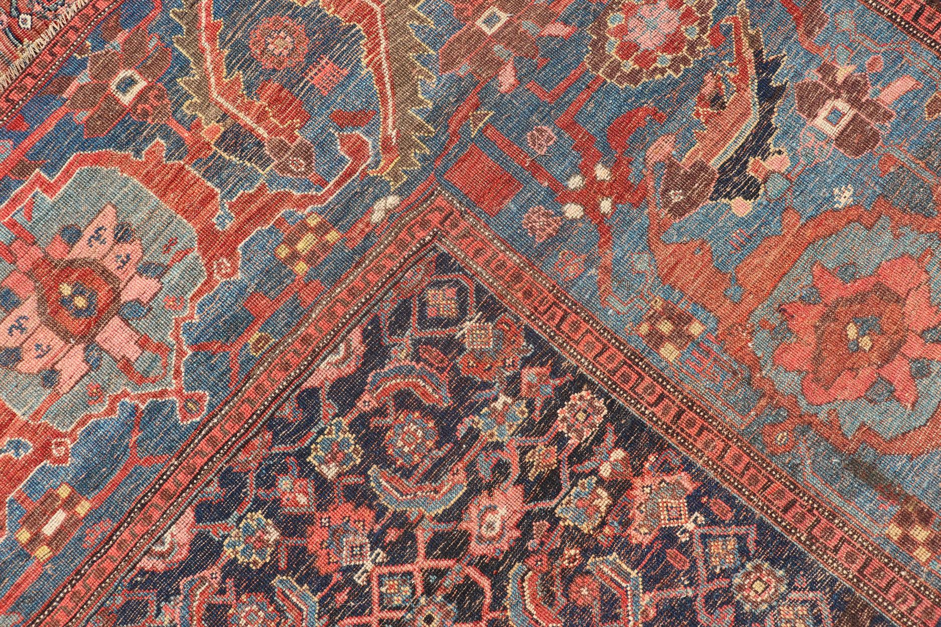 Very Large Antique Persian Bidjar Rug in Multi Shades of Blue, Tera-Cotta & Red For Sale 11
