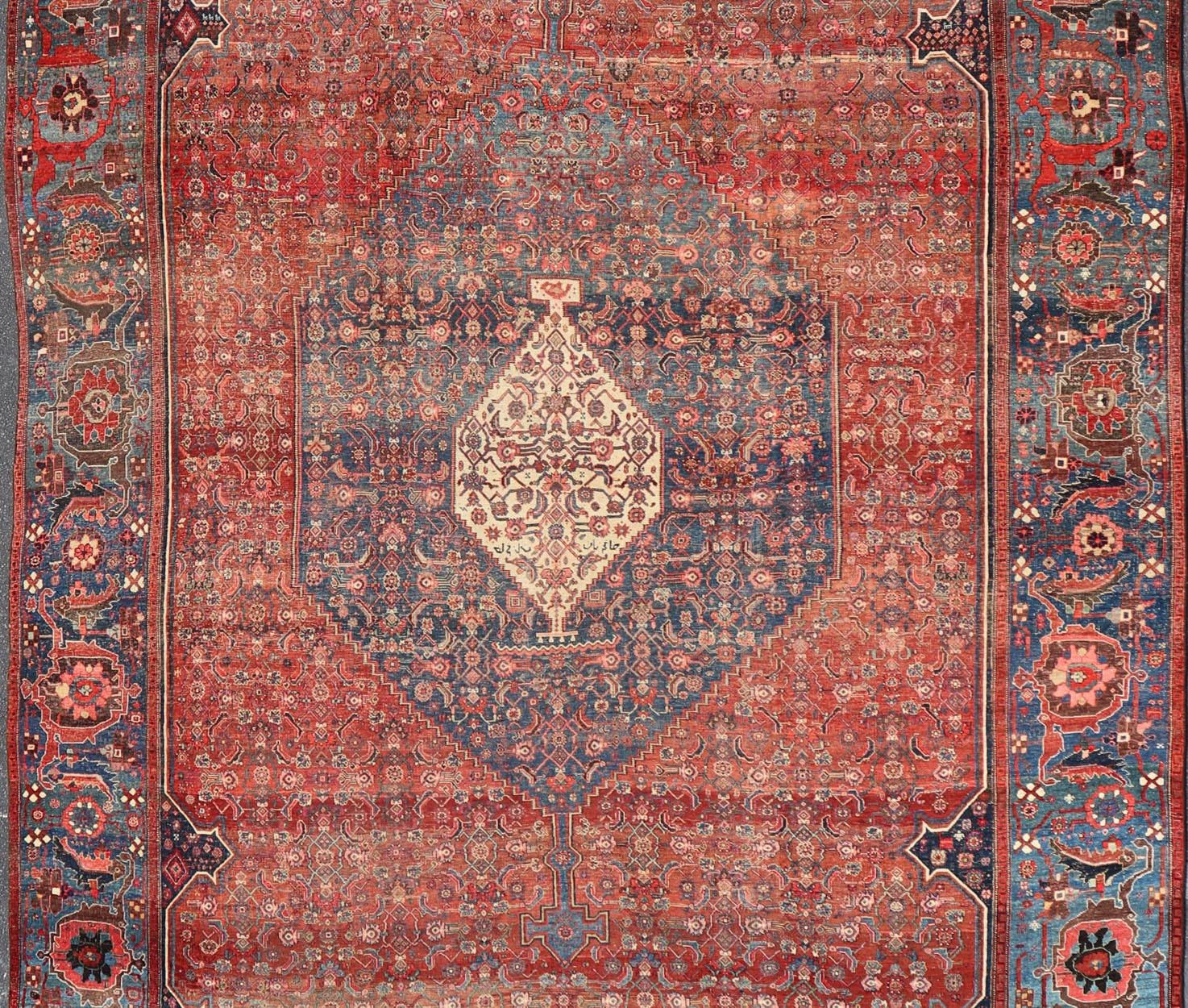 Tabriz Very Large Antique Persian Bidjar Rug in Multi Shades of Blue, Tera-Cotta & Red For Sale