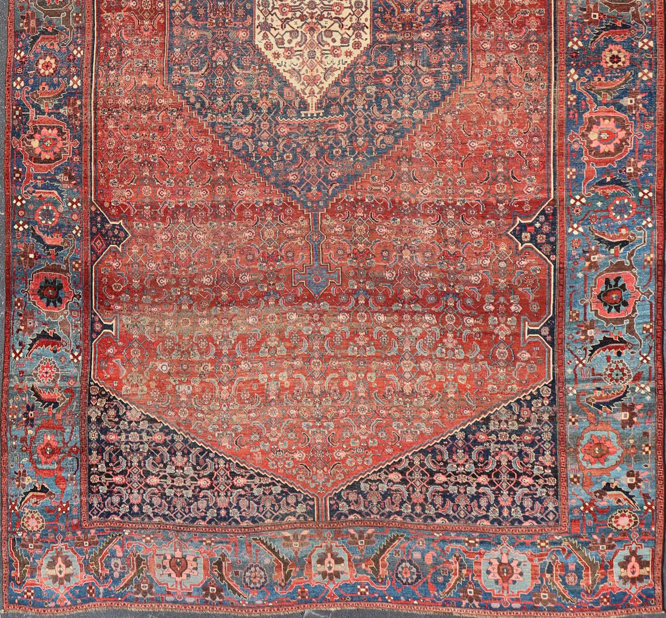 Hand-Knotted Very Large Antique Persian Bidjar Rug in Multi Shades of Blue, Tera-Cotta & Red For Sale