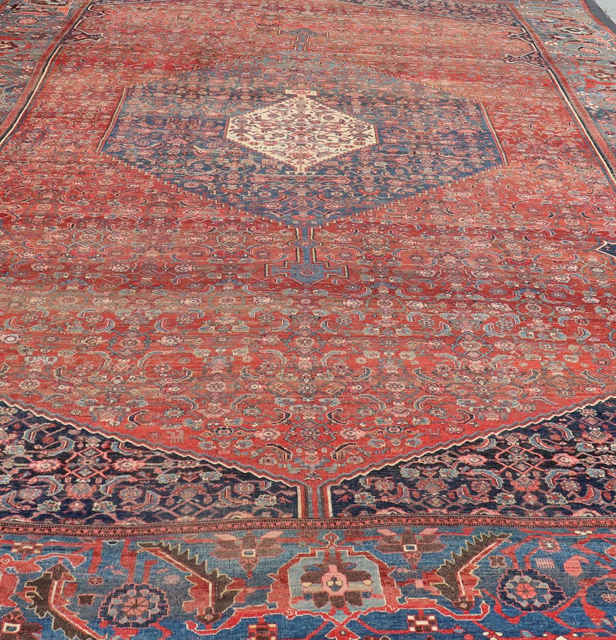 19th Century Very Large Antique Persian Bidjar Rug in Multi Shades of Blue, Tera-Cotta & Red For Sale