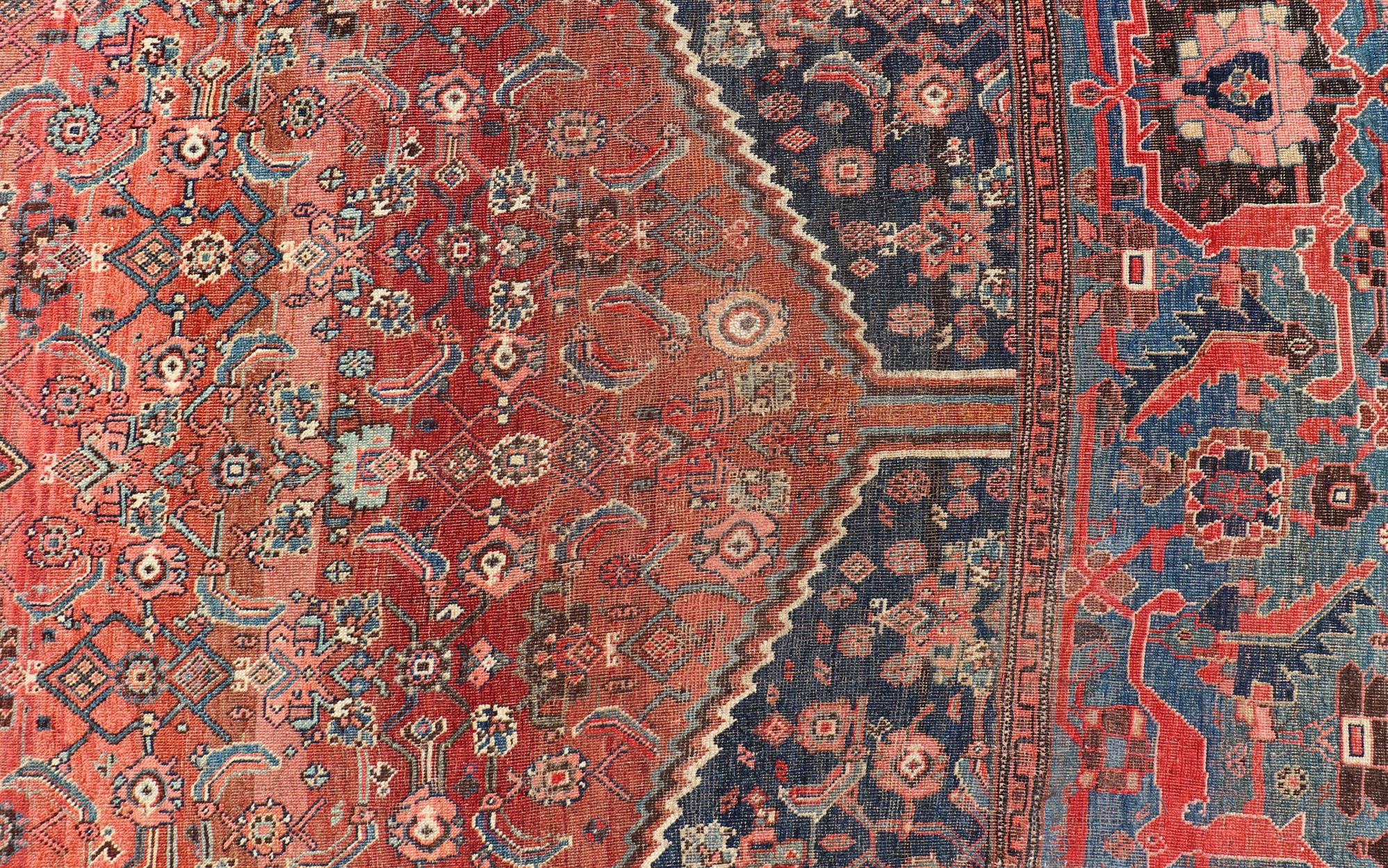 Wool Very Large Antique Persian Bidjar Rug in Multi Shades of Blue, Tera-Cotta & Red For Sale