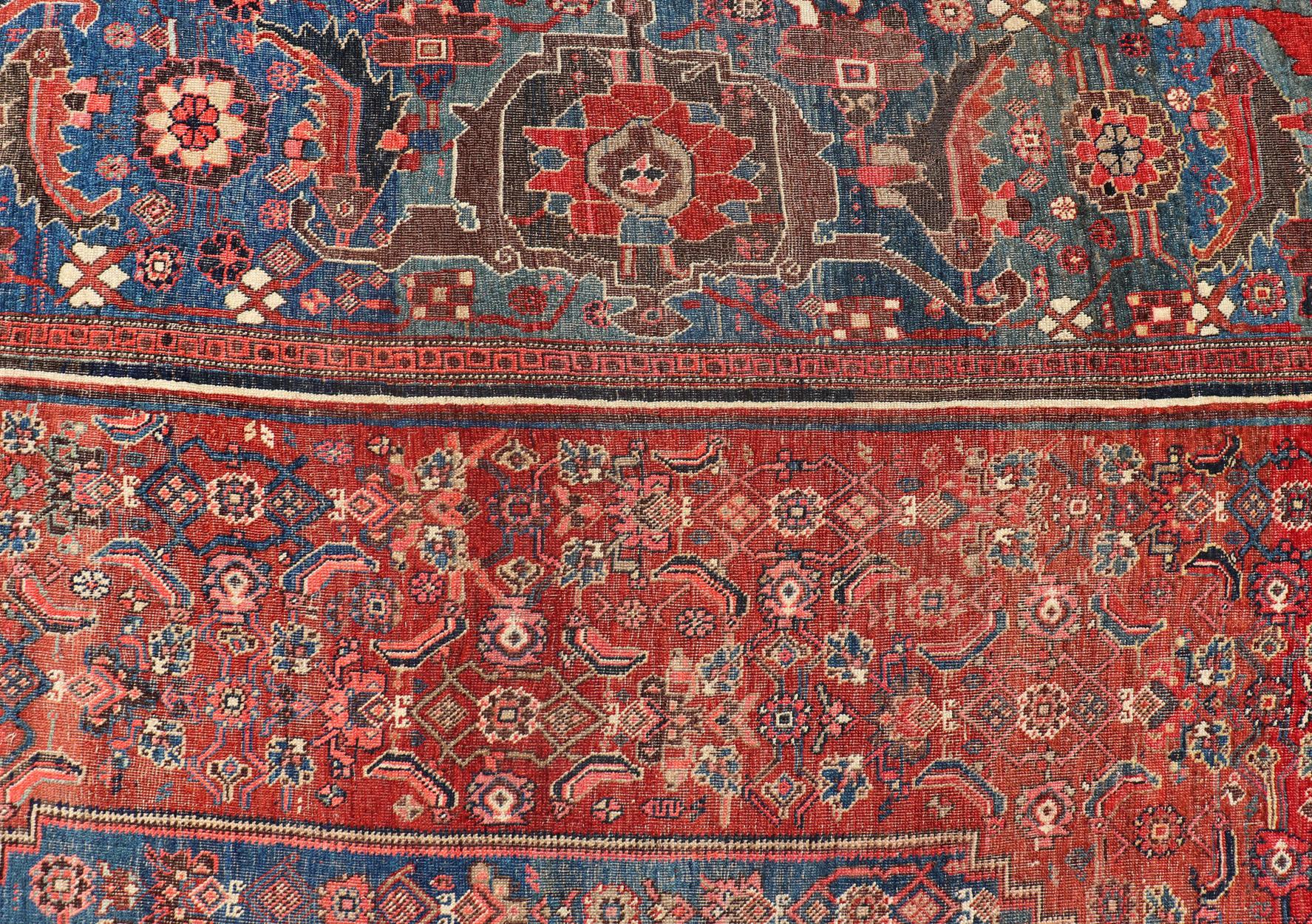Very Large Antique Persian Bidjar Rug in Multi Shades of Blue, Tera-Cotta & Red For Sale 1