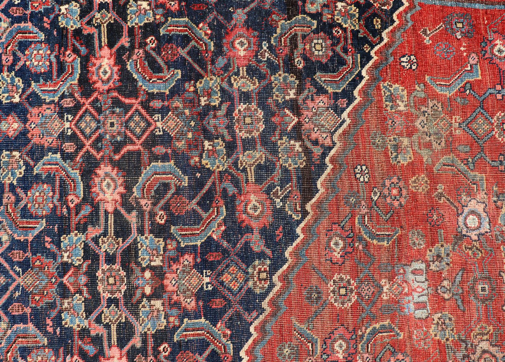 Very Large Antique Persian Bidjar Rug in Multi Shades of Blue, Tera-Cotta & Red For Sale 2