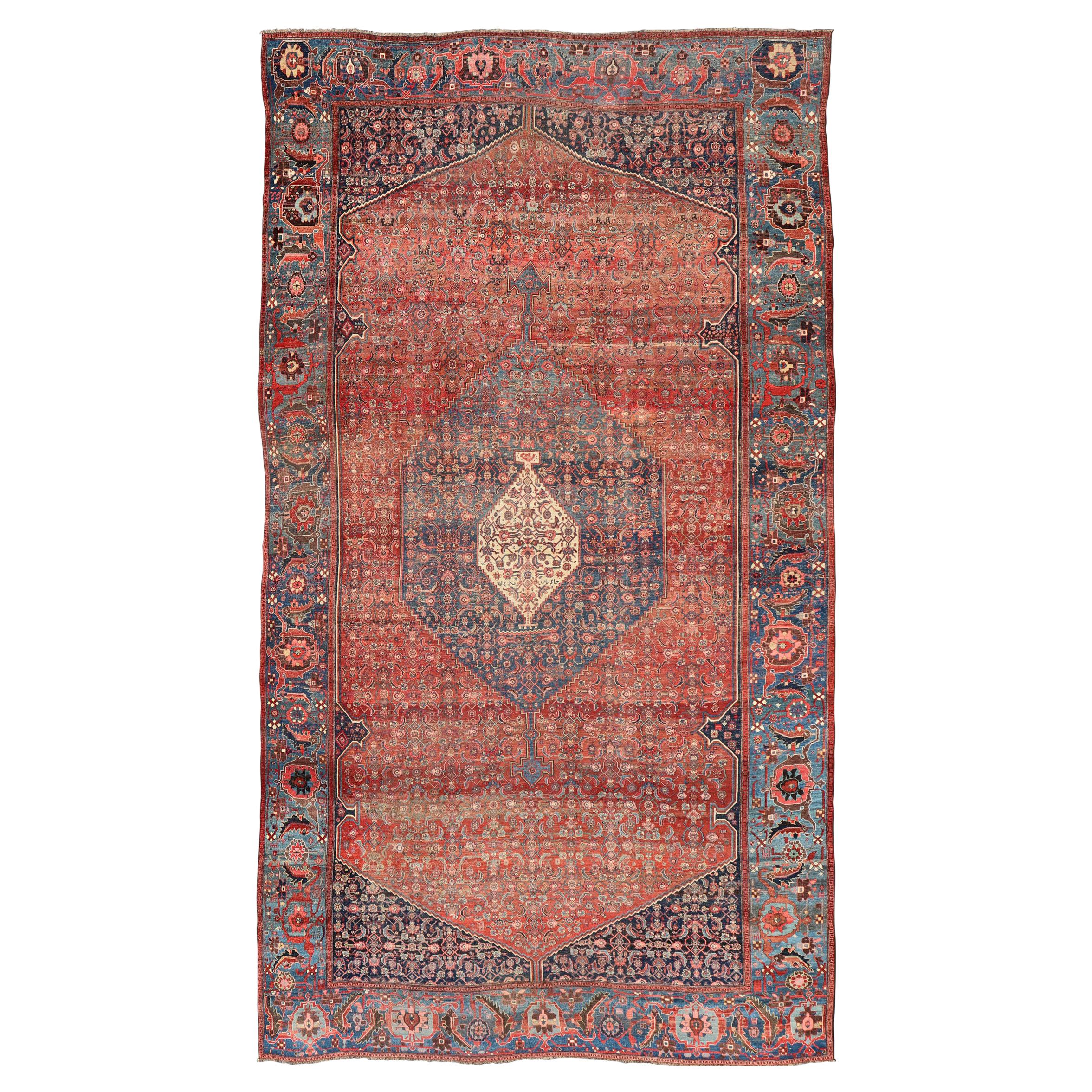 Very Large Antique Persian Bidjar Rug in Multi Shades of Blue, Tera-Cotta & Red For Sale