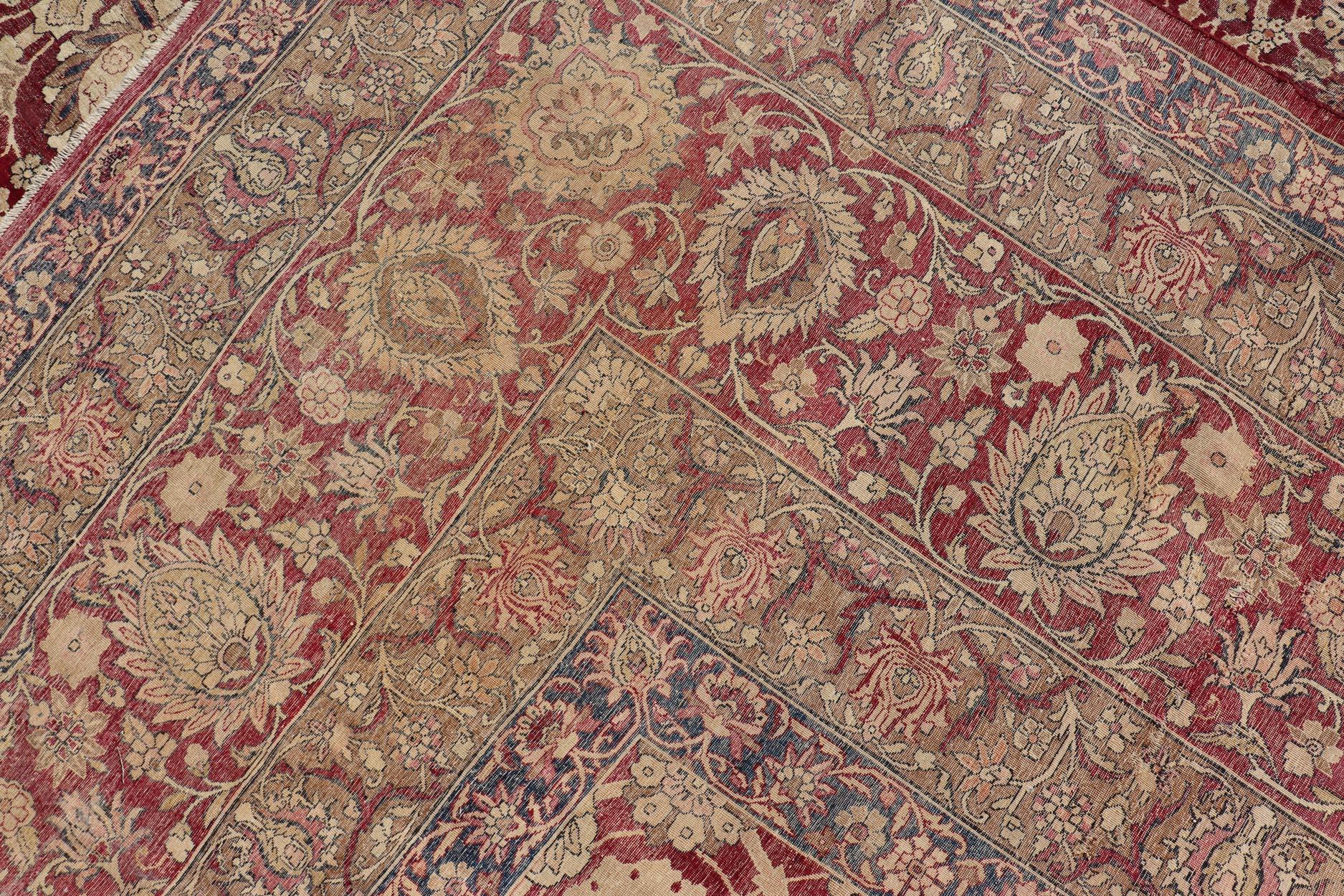 This amazing very large antique Persian Kerman with all over intricate floral design was custom sized and made in the late 19th century represents a royal design in raspberry tones, pink and light gold colors. Keivan Woven Arts/rug 16-1003, country