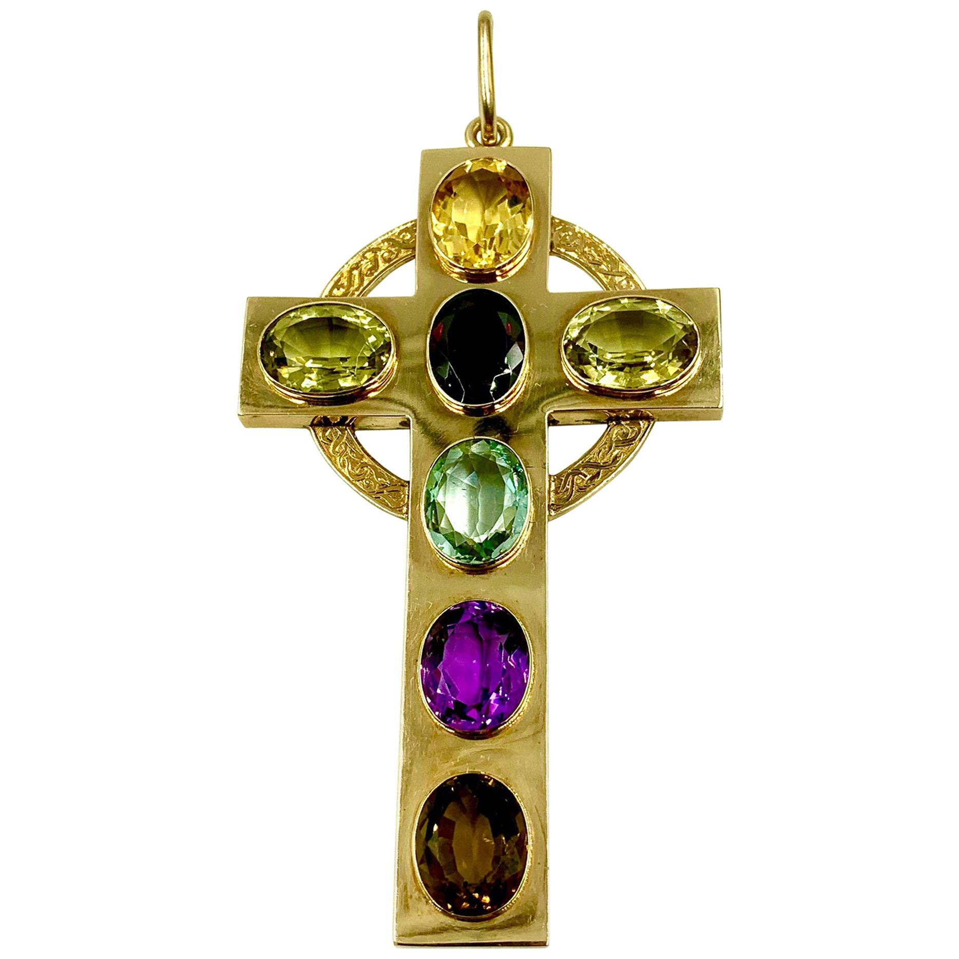 Vintage Green Cross with Agate Stone and Gold Tone Celtic