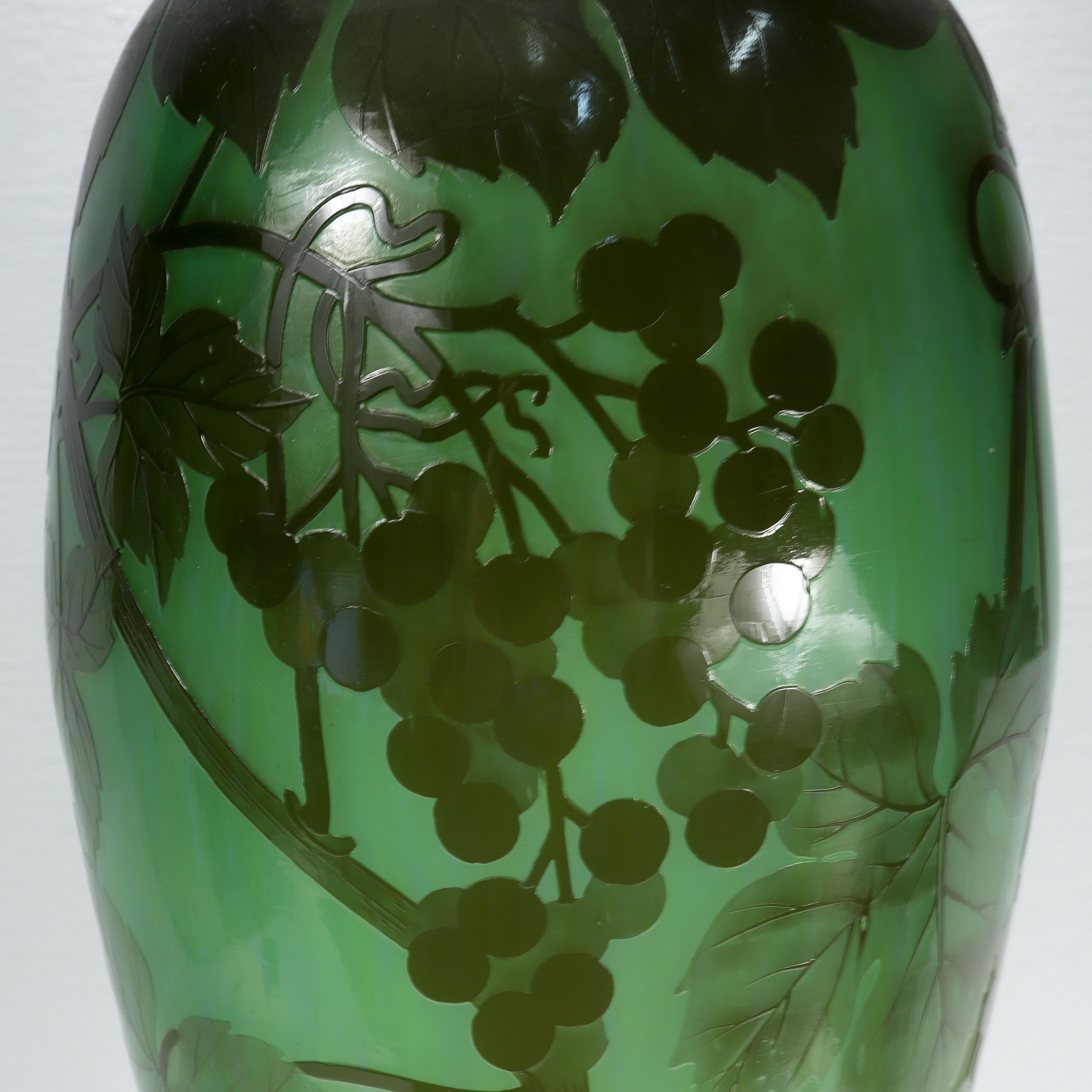 Very Large Antique Signed Gallé French Art Nouveau Green Cameo Art Glass Vase For Sale 8