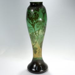 Very Large Antique Signed Gallé French Art Nouveau Green Cameo Art Glass Vase