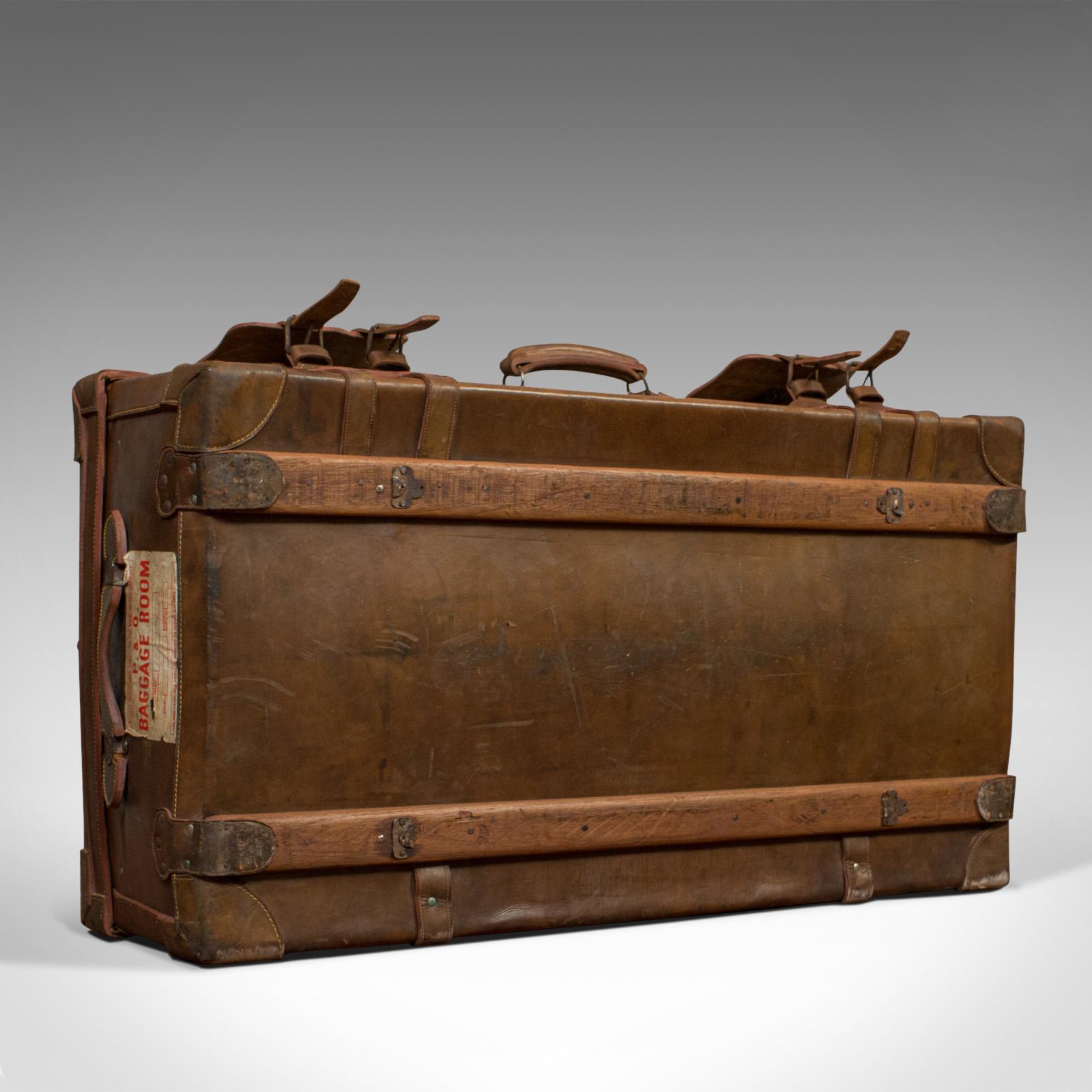 19th Century Very Large Antique Travel Suitcase, English, Leather, Steamer, Shipping Trunk For Sale