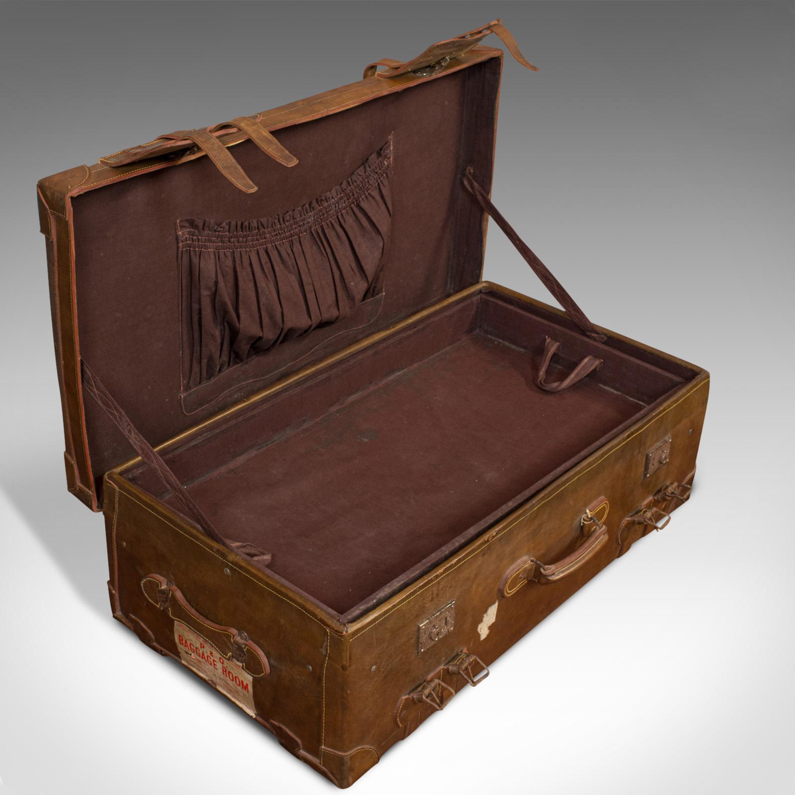 Very Large Antique Travel Suitcase, English, Leather, Steamer, Shipping Trunk For Sale 2