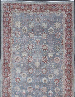 Very Large Antique Turkish Oushak Gallery Rug in Soft Blue, Red, and Ivory Tones