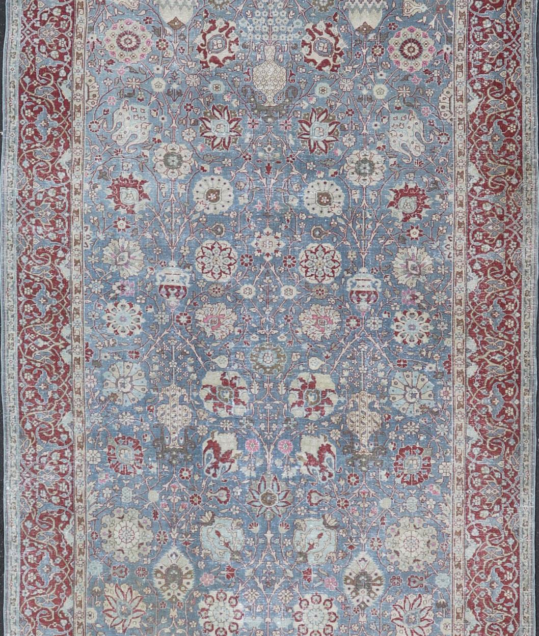 Oushak Very Large Antique Turkish Gallery Rug with All-Over Design in Light Blue For Sale