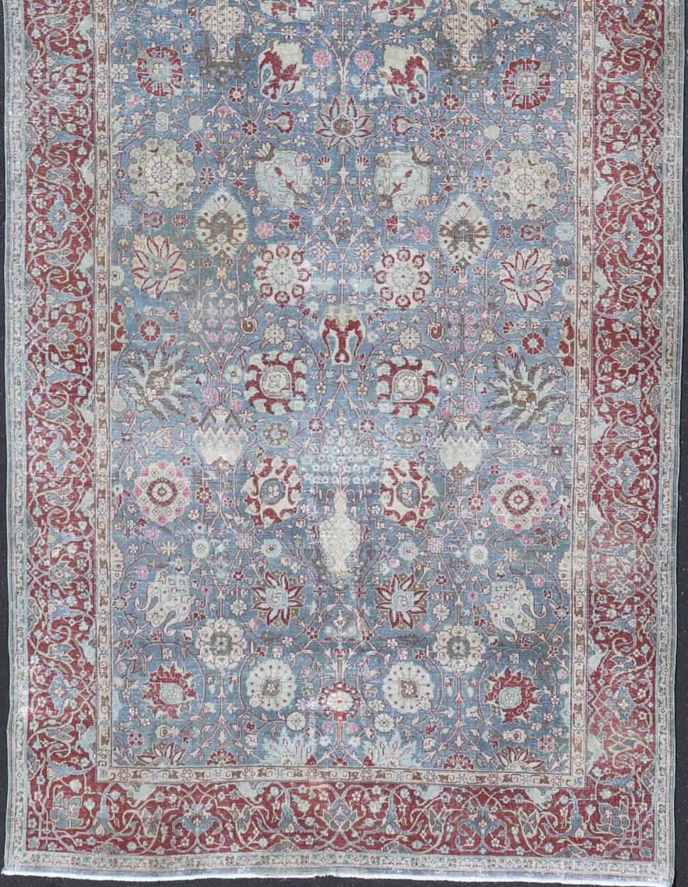 Hand-Knotted Very Large Antique Turkish Gallery Rug with All-Over Design in Light Blue For Sale