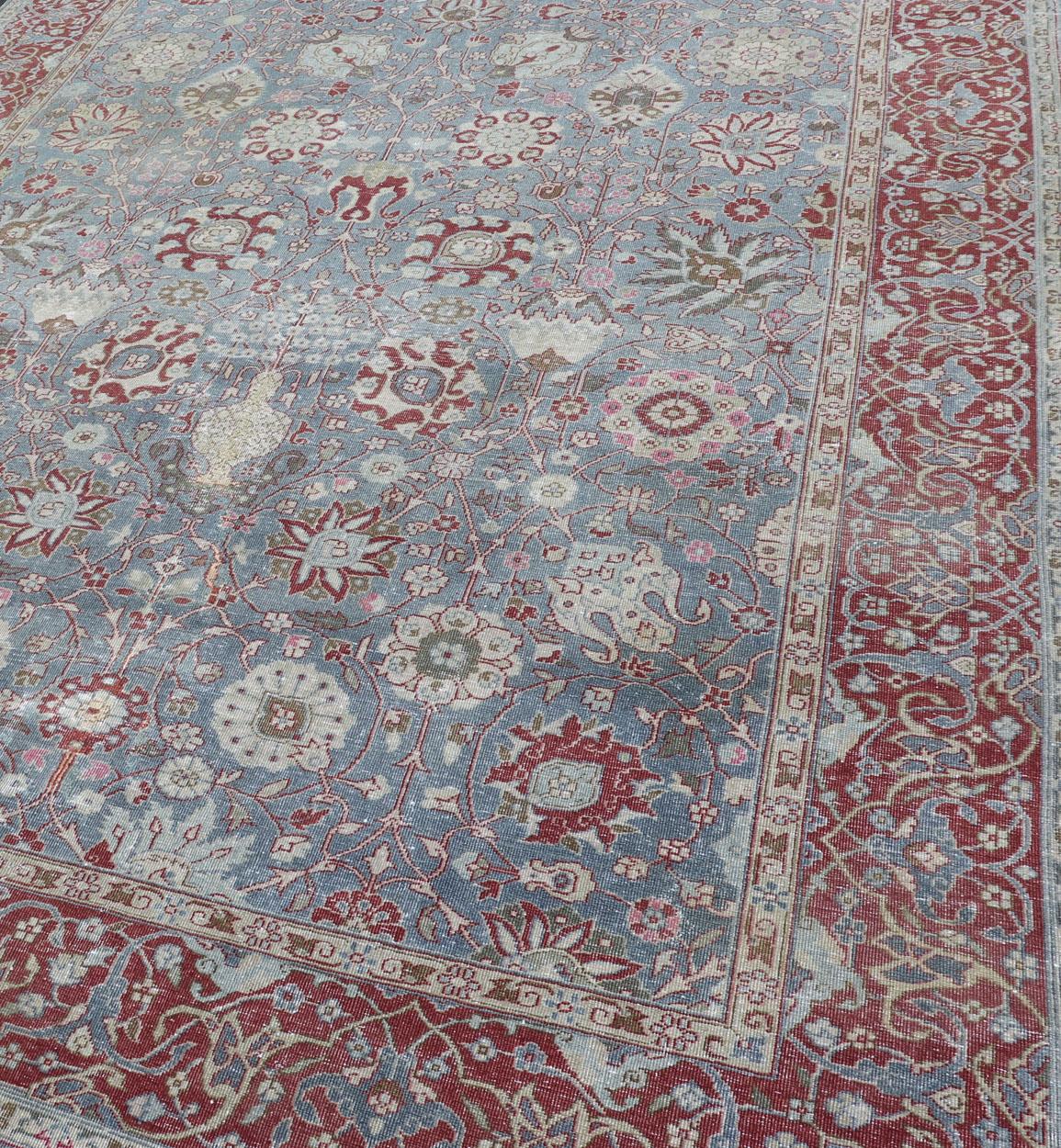 Wool Very Large Antique Turkish Gallery Rug with All-Over Design in Light Blue For Sale