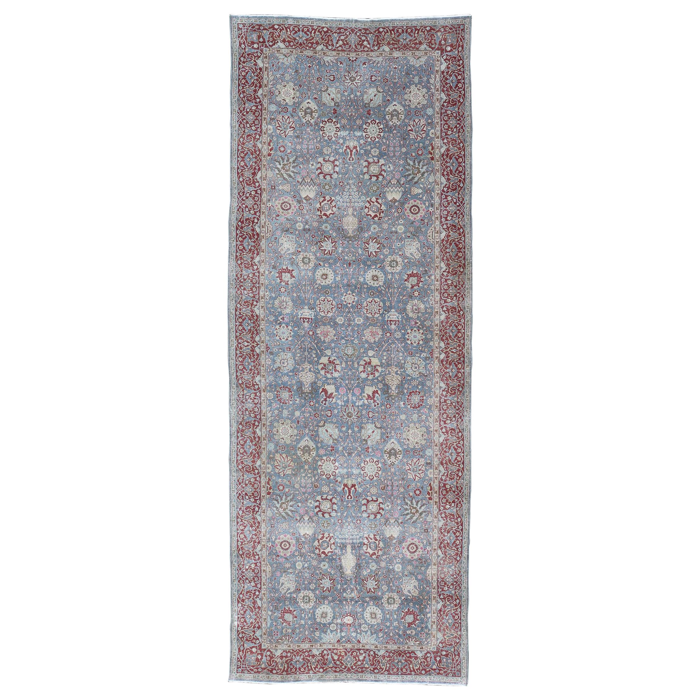 Very Large Antique Turkish Gallery Rug with All-Over Design in Light Blue For Sale