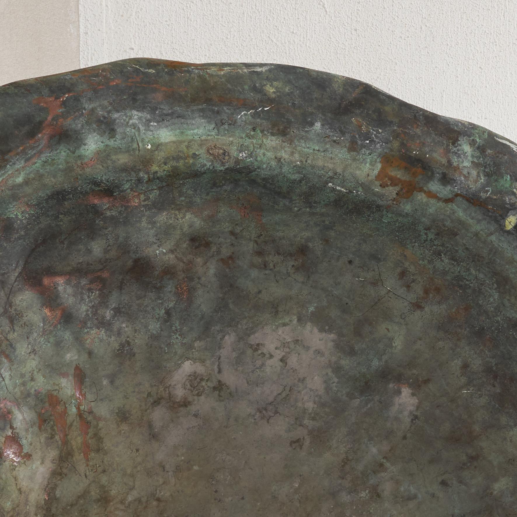 Copper Very Large Antique Verdigris Patinated Wabi Sabi Bowl Log Holder 19th century
