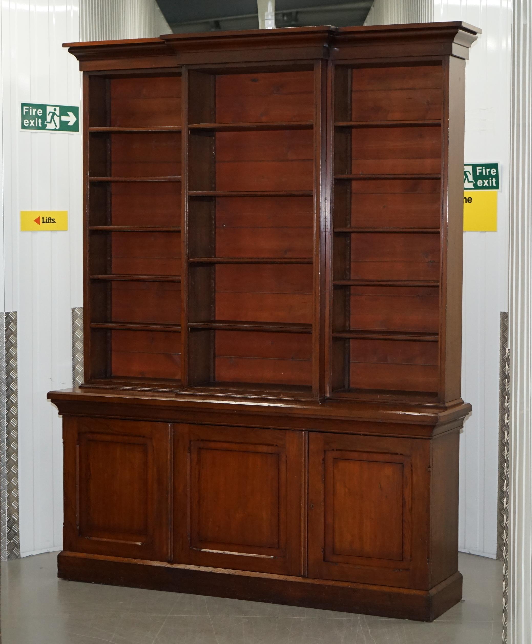 High Victorian Very Large Antique Victorian circa 1860 English Pine Library Breakfront Bookcase