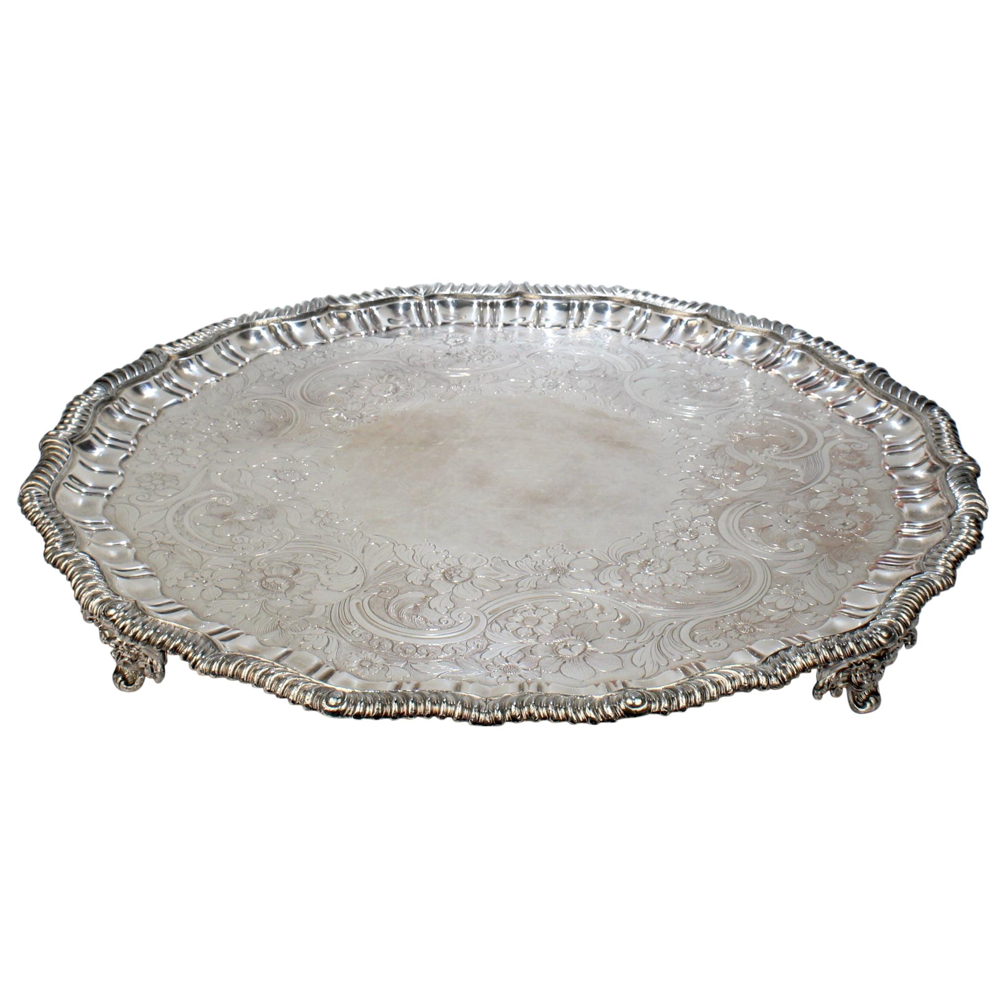 Very Large Antique Victorian Period Sheffield Silver Plate Salver or Round Tray For Sale