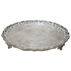 Very Large Used Victorian Period Sheffield Silver Plate Salver or Round Tray