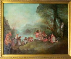 Very Large Antiqued Oil Painting After Jean-Antoine Watteau, Gilt Baroque Frame