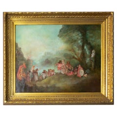 Very Large Antiqued Oil Painting After Jean-Antoine Watteau, Gilt Baroque Frame