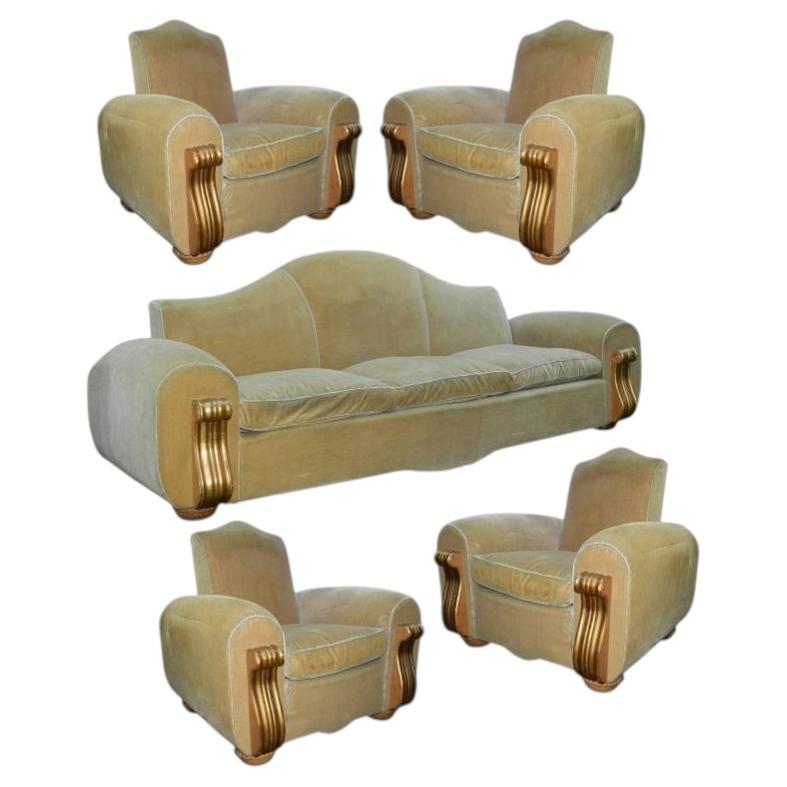 Very large Art Deco living room suite. One huge sofa and four armchairs 1940 For Sale
