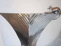 Very Large Art Deco Revival Fluted Nickelled Brass Vase with Panther