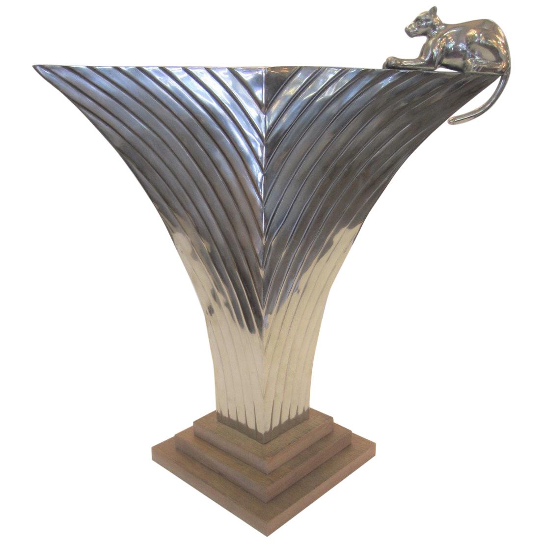 Very Large Art Deco Revival Fluted Nickelled Brass Vase with Panther