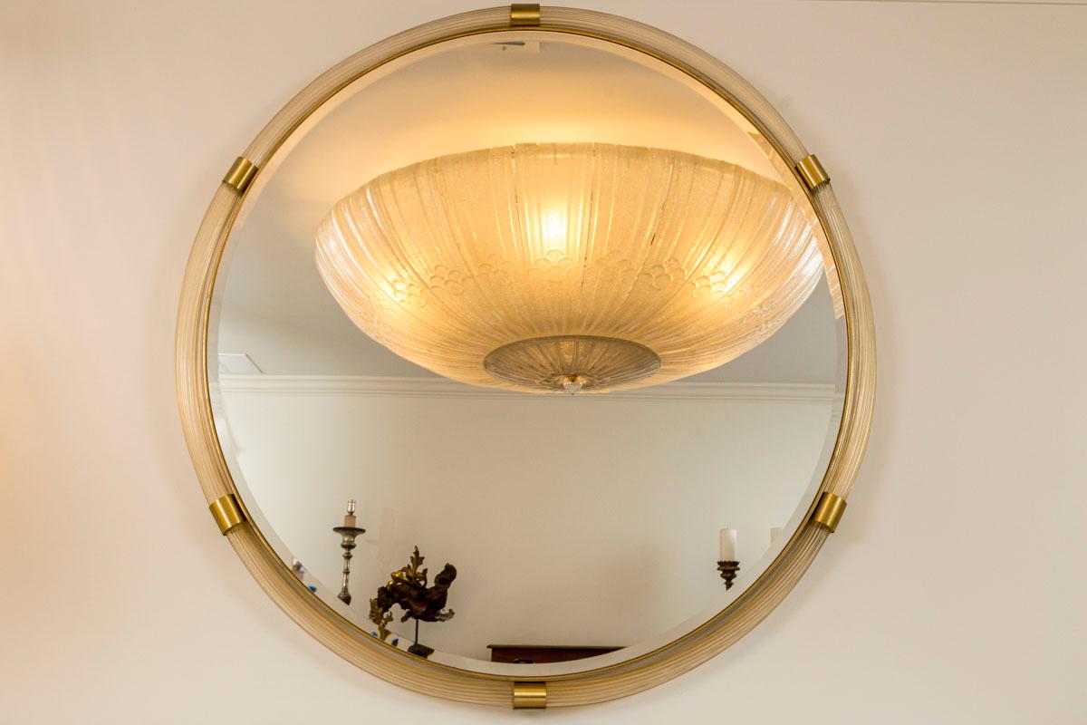 Italian Very Large Artisan Murano Blown Gold Round Torchere Mirror, Contemporary For Sale