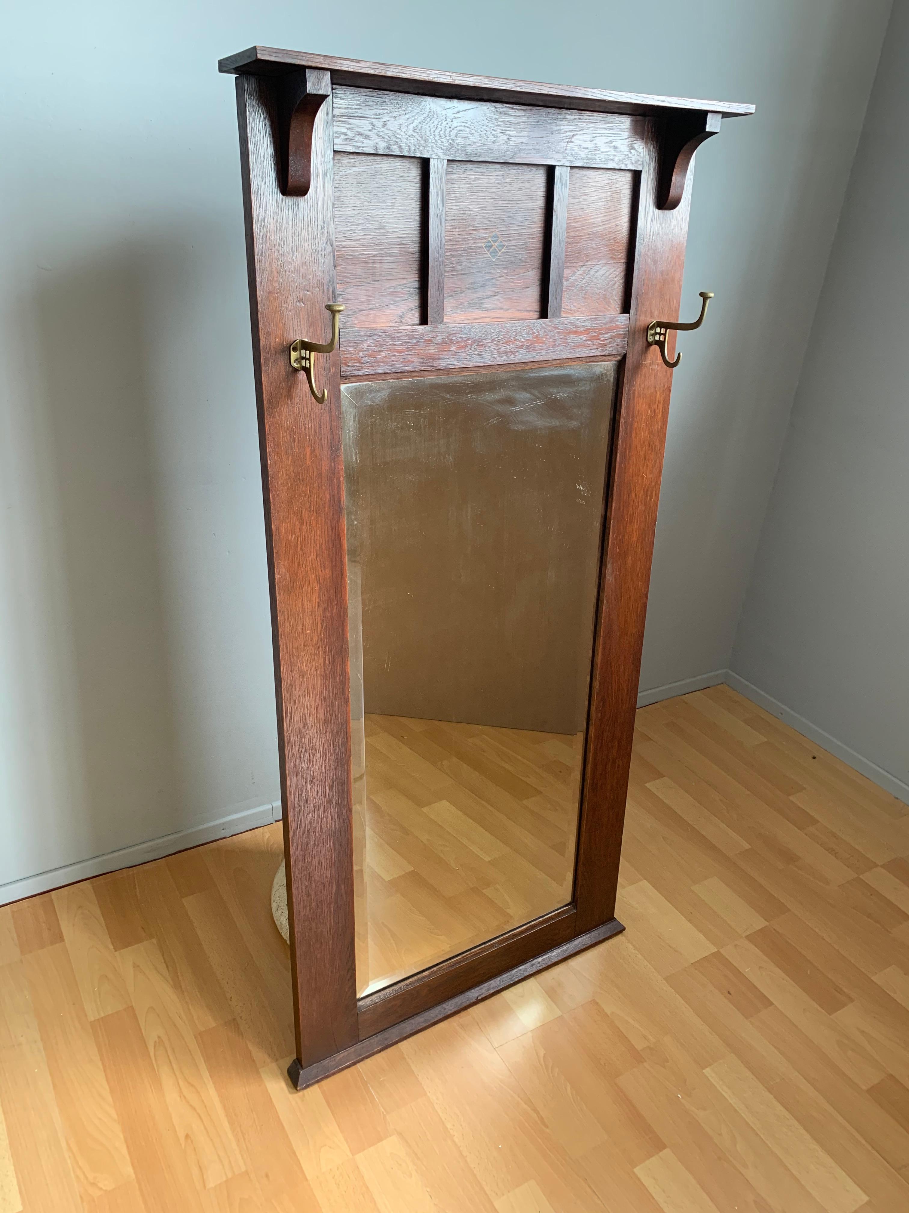Very Large Arts & Crafts Solid Oak & Brass Coat Rack with Mirror & Inlaid Motif 1