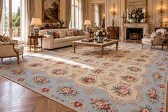 Very Large Aubusson Style Needlepoint Rug 360x470 cm Blue Floral Flatweave Wool