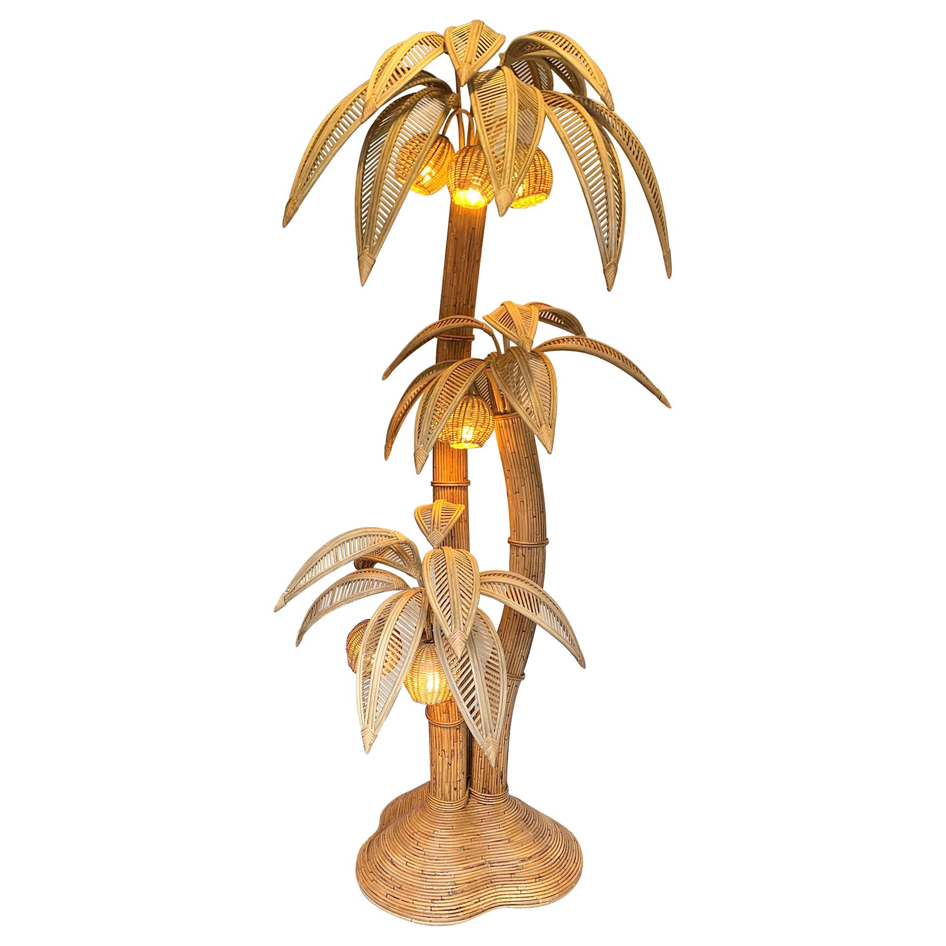 Very Large Bamboo and Rattan Palm Tree Floor Lamp with Seven Coconut Lights