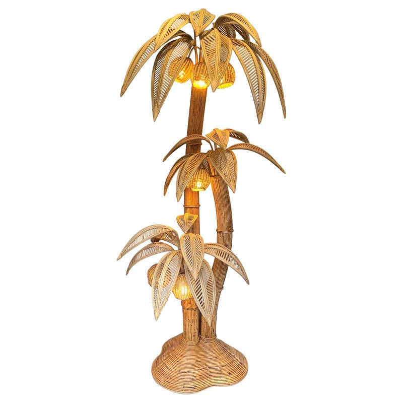 Large Rattan Palm Tree Large Rattan Palm Tree Floor Light, with Three Bulbs in the Coconuts ...