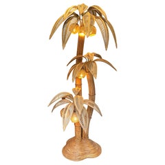 Vintage Very Large Bamboo and Rattan Palm Tree Floor Lamp with Seven Coconut Lights