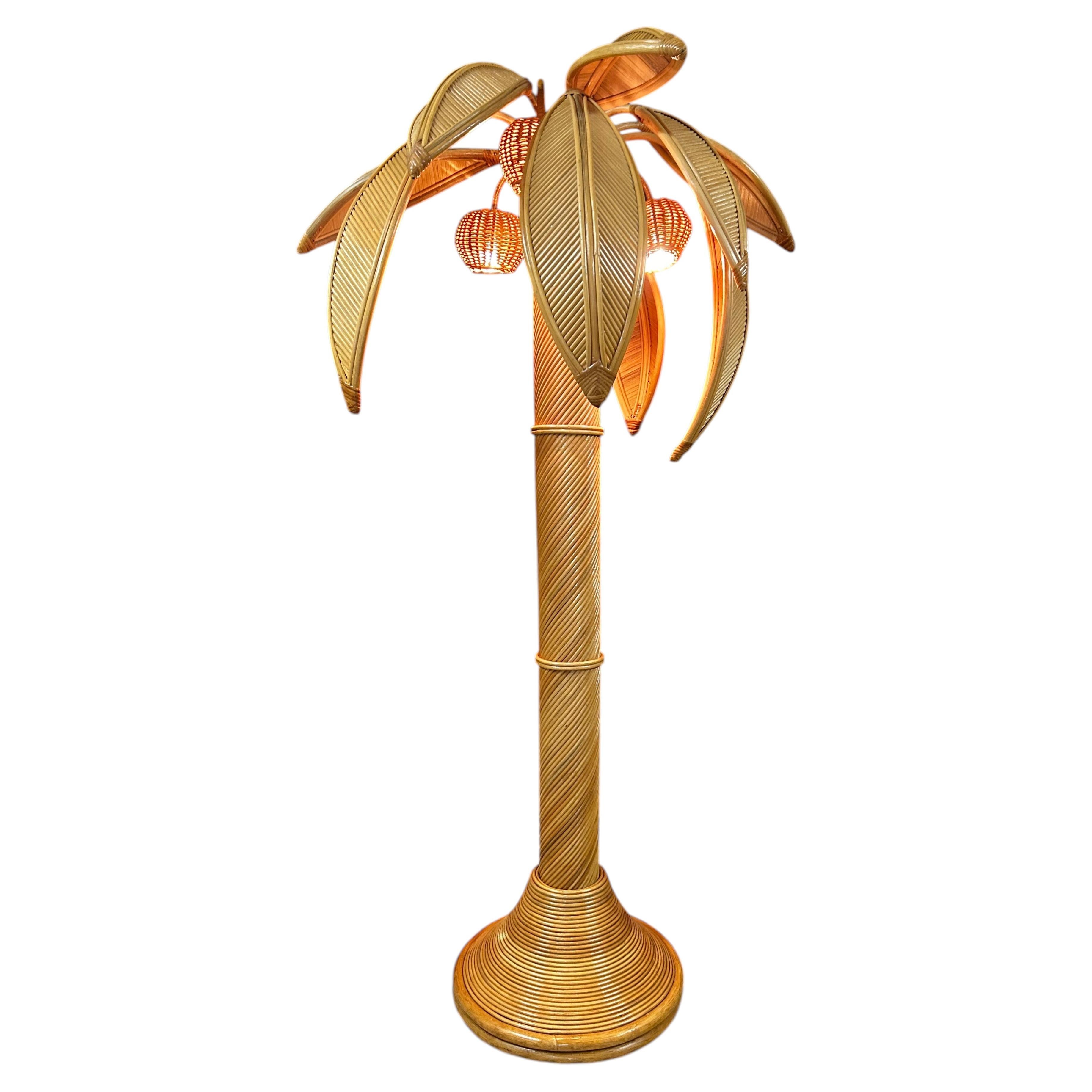 Sehr große Stehlampe aus Bambus und Rattan in Palmenform, Mid-Century-Modern-Stil