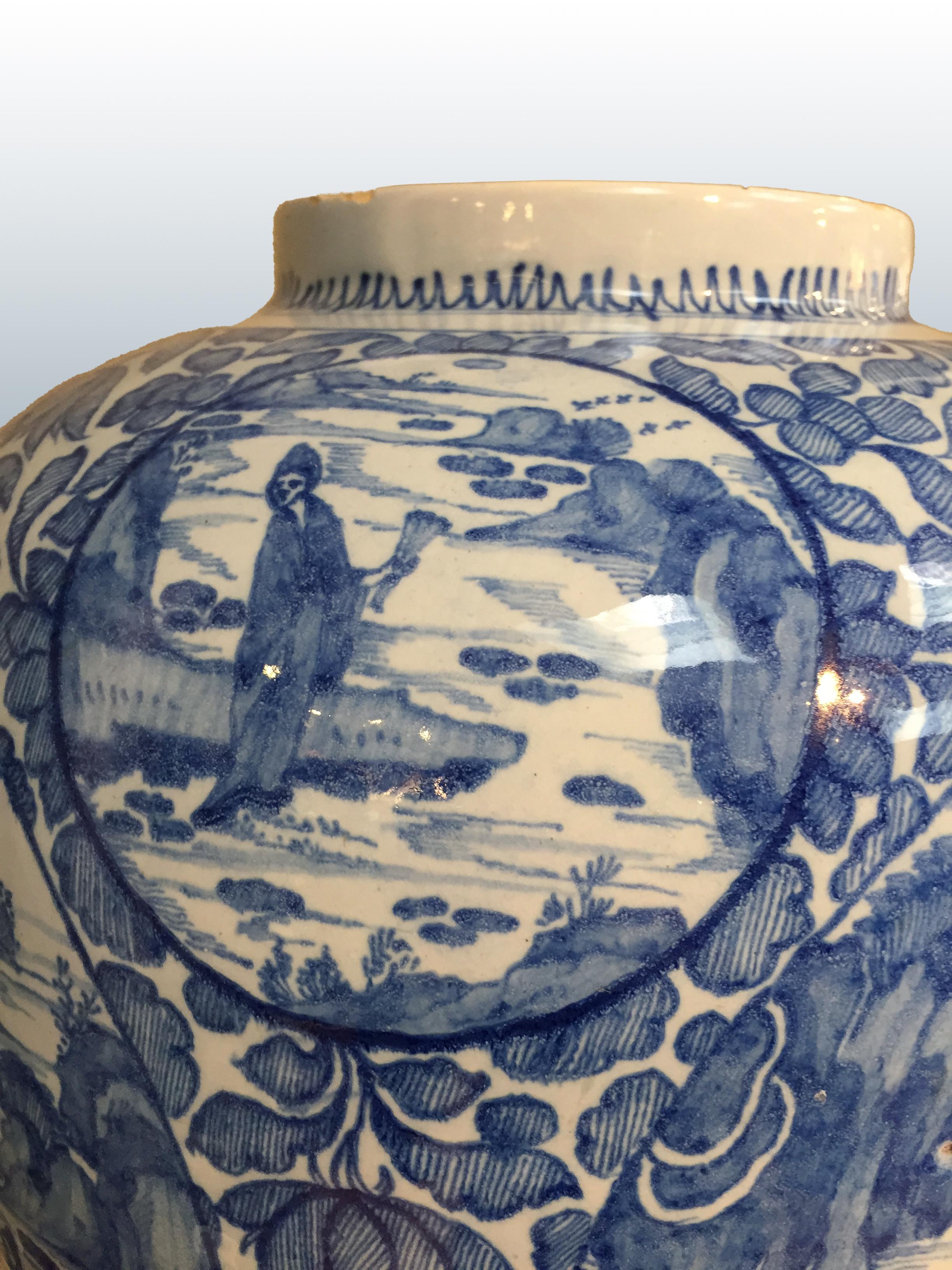 Fired Very Large Blue and White Dutch Delft Vase in Chinoiserie, Early 18th Century For Sale