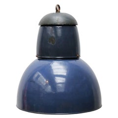 Very Large Blue Enamel Industrial Pendants (2x)