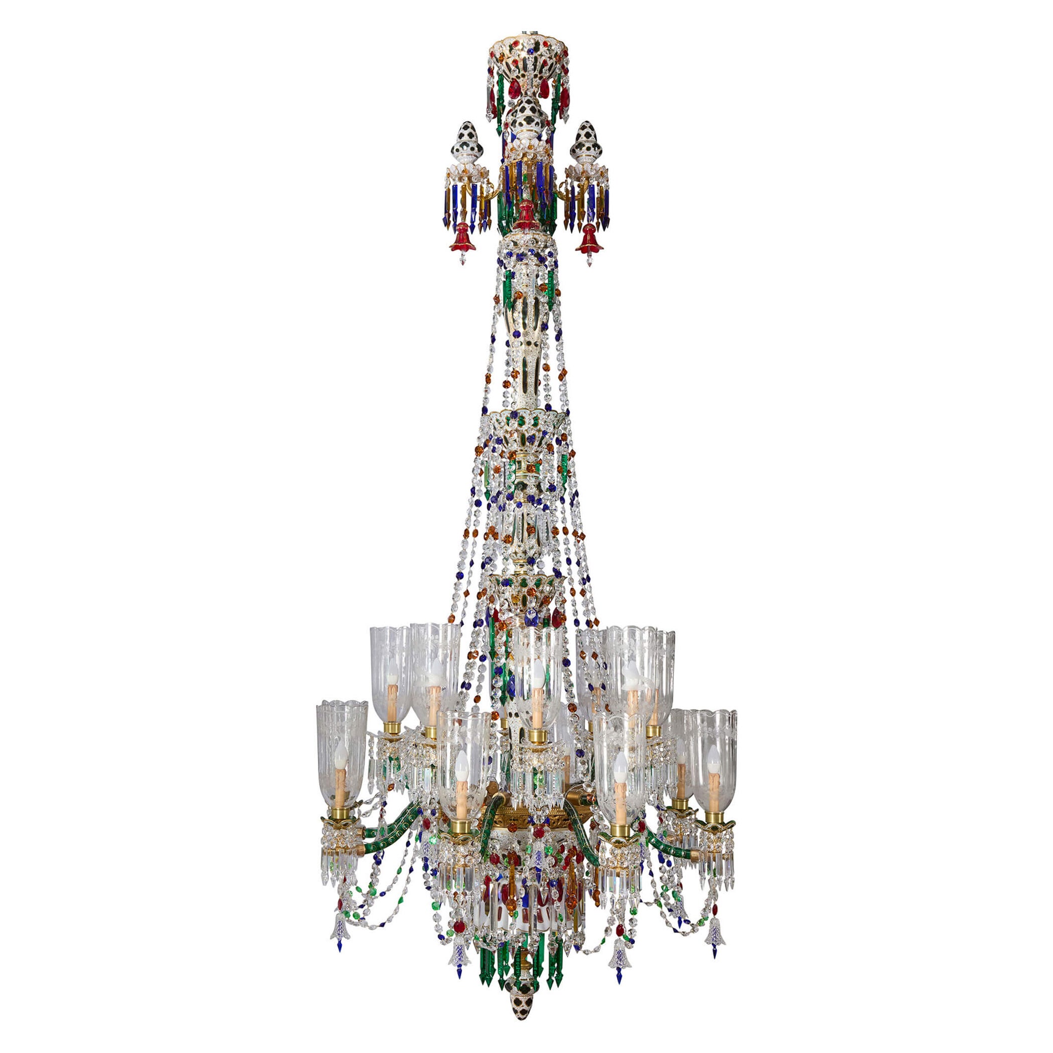 Lampadario molto grande in stile Belle Époque Bohemien con sovrapposizione di vetro dorato in vendita