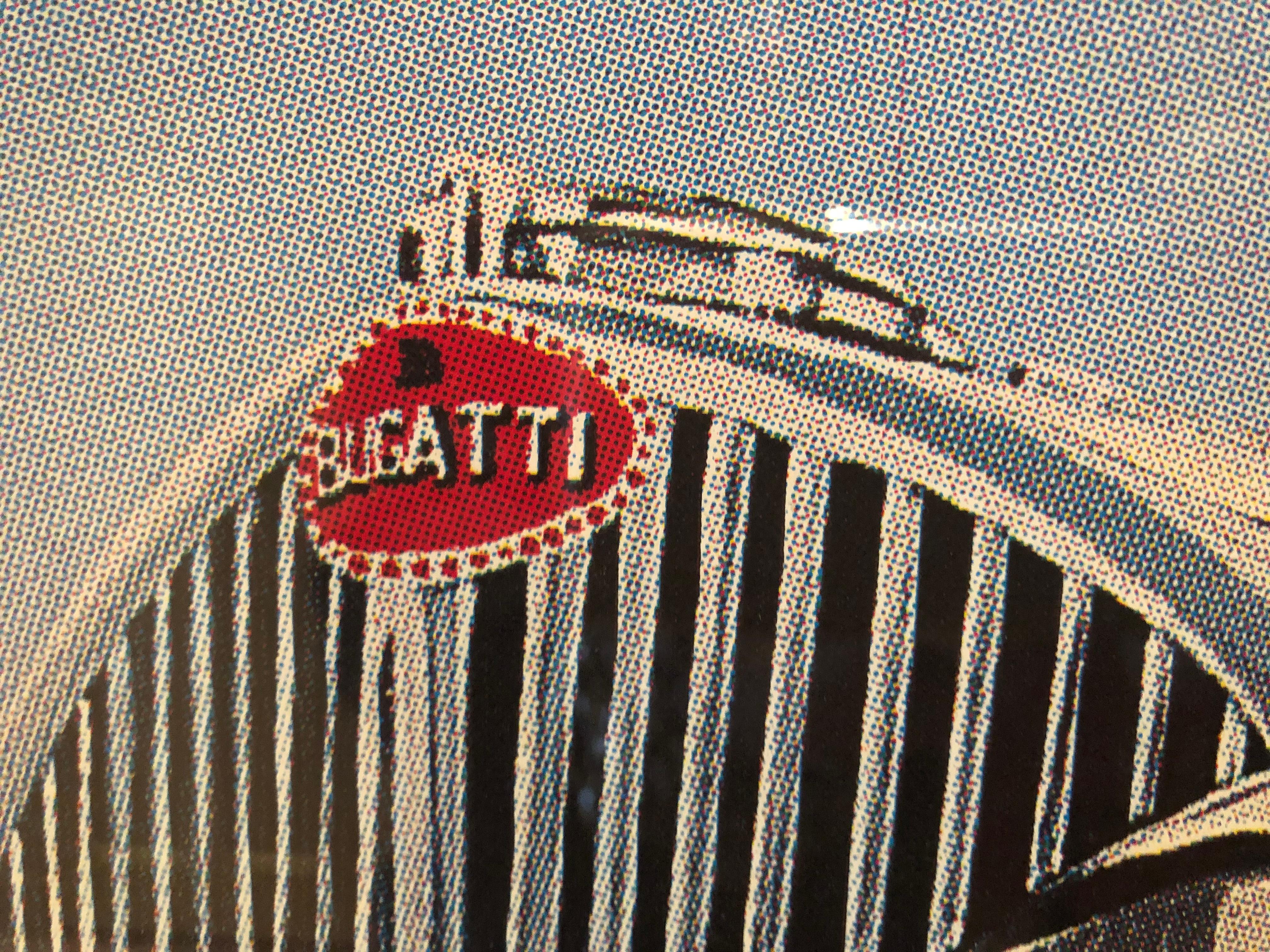 Large vintage Louis Vuitton and Bugatti poster

Large and dramatic Art Deco poster by Razzia for Automobiles Classiques Avec Louis Vuitton. Poster depicts a dapper man looking at a Bugatti automobile. The type along the bottom reads Avec la