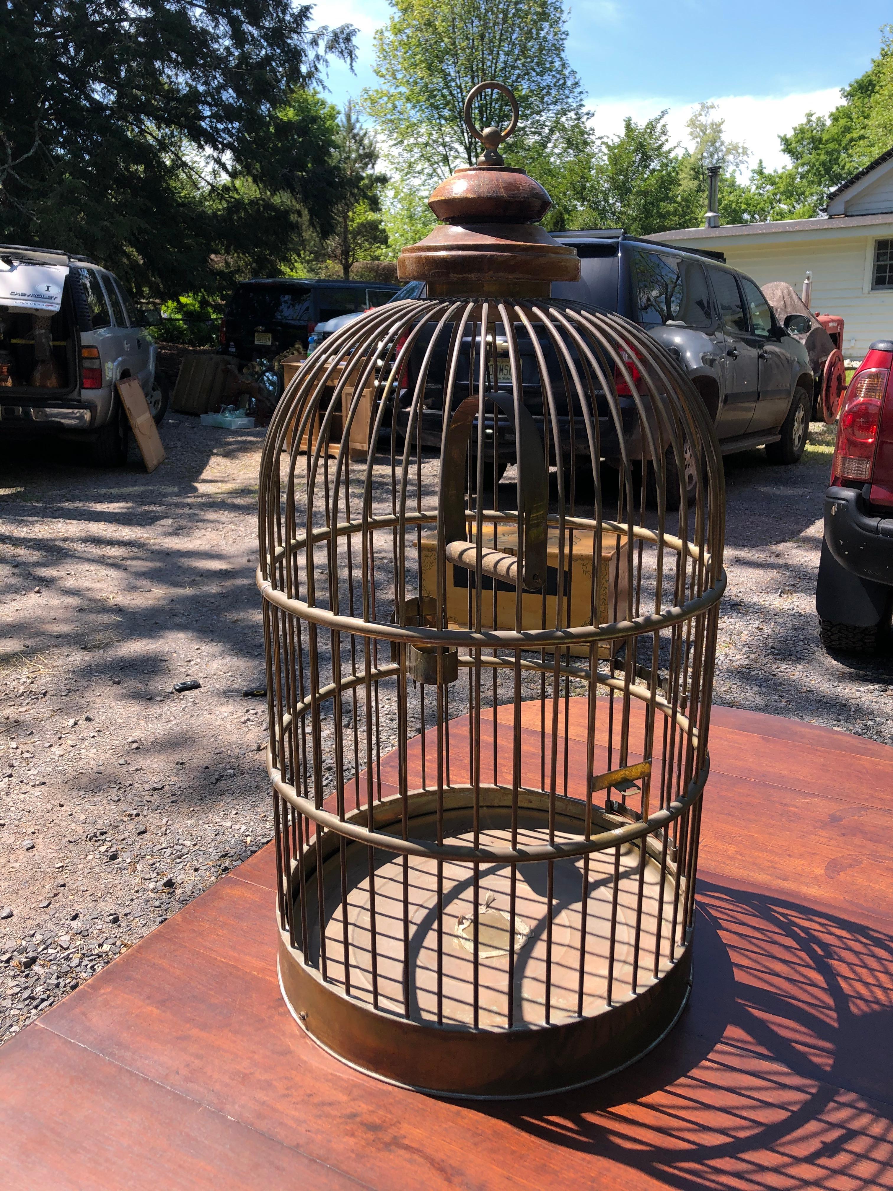 A very large sculptural birdcage constructed of brass and having a door that opens as well as feeder dish and hanging trapeze. Beautiful as a decorative object, or as home to a lucky bird.