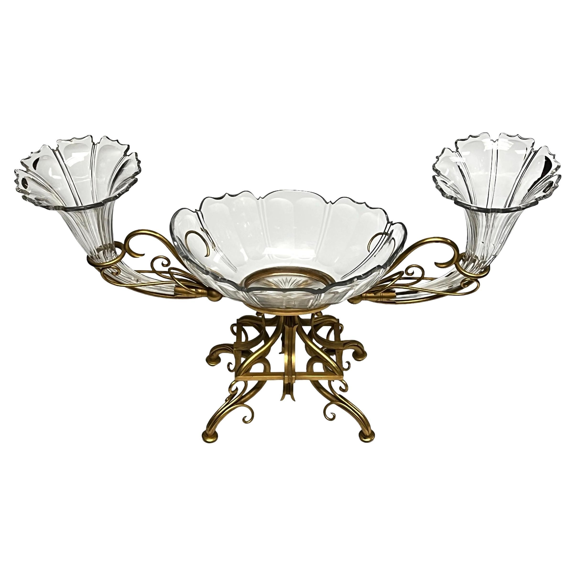 Very Large Bronze and Crystal Centerpiece Attributed to Baccarat For Sale