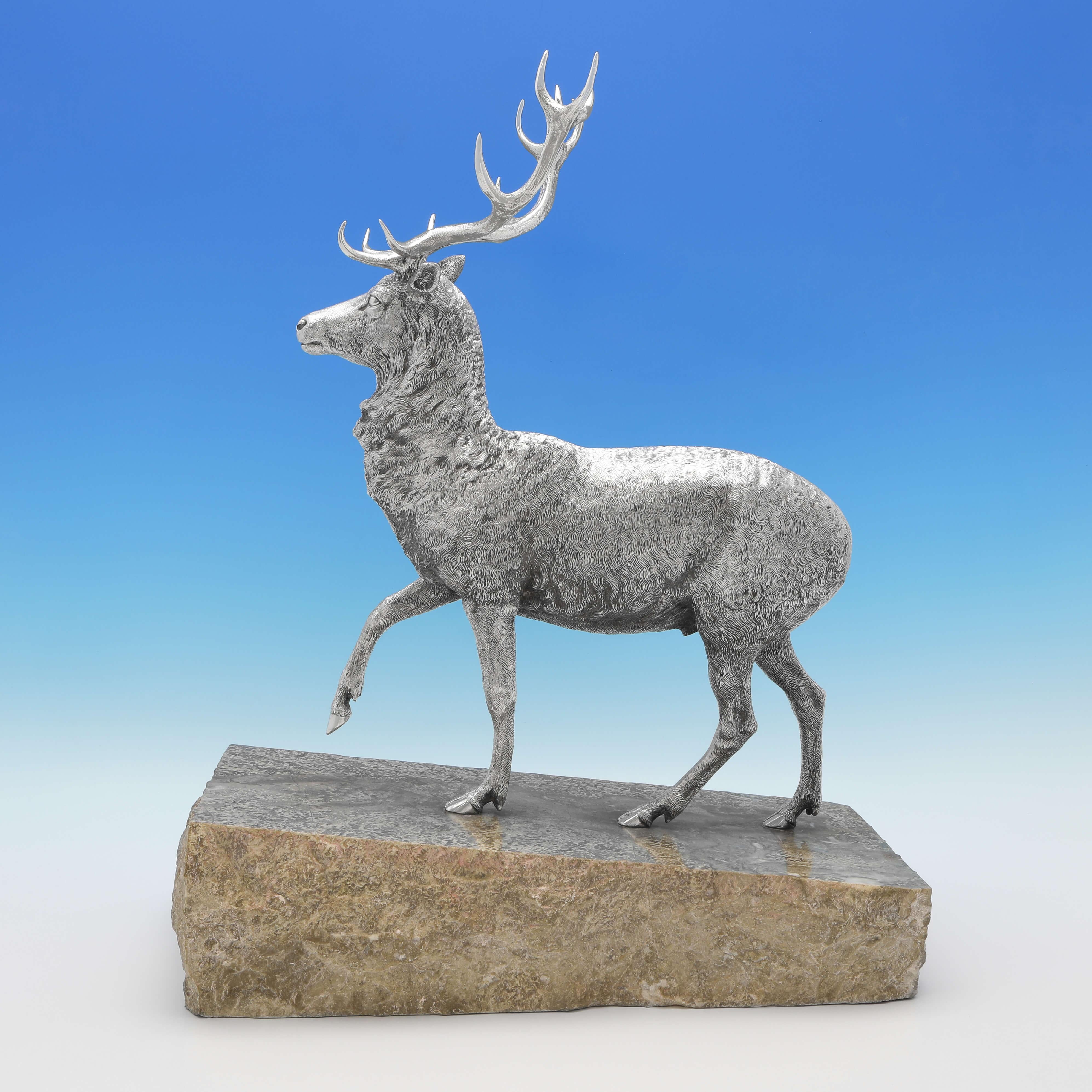 English Very Large Cast Sterling Silver Model of a Stag, London 1976 by Garrard & Co.  For Sale
