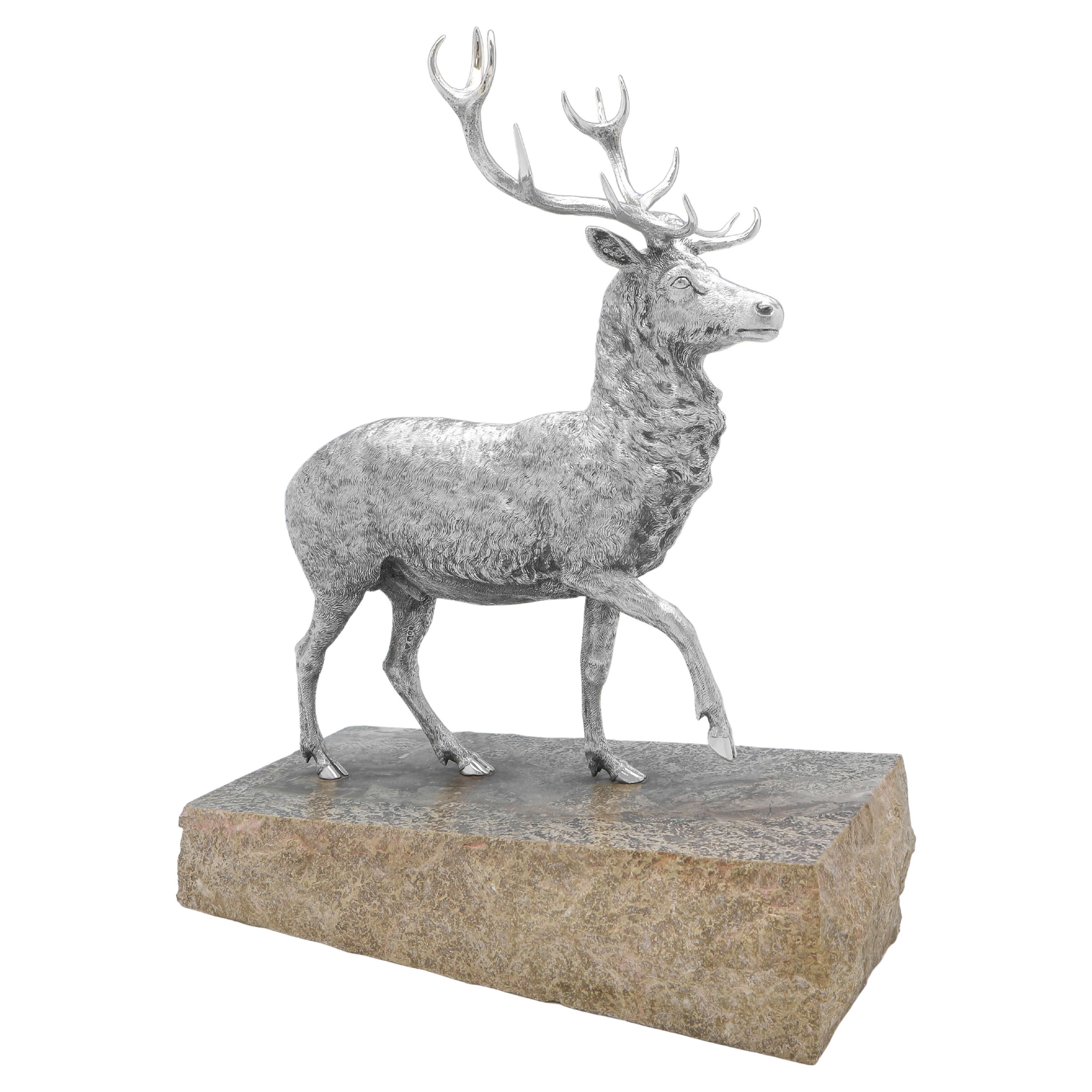 Very Large Cast Sterling Silver Model of a Stag, London 1976 by Garrard & Co.