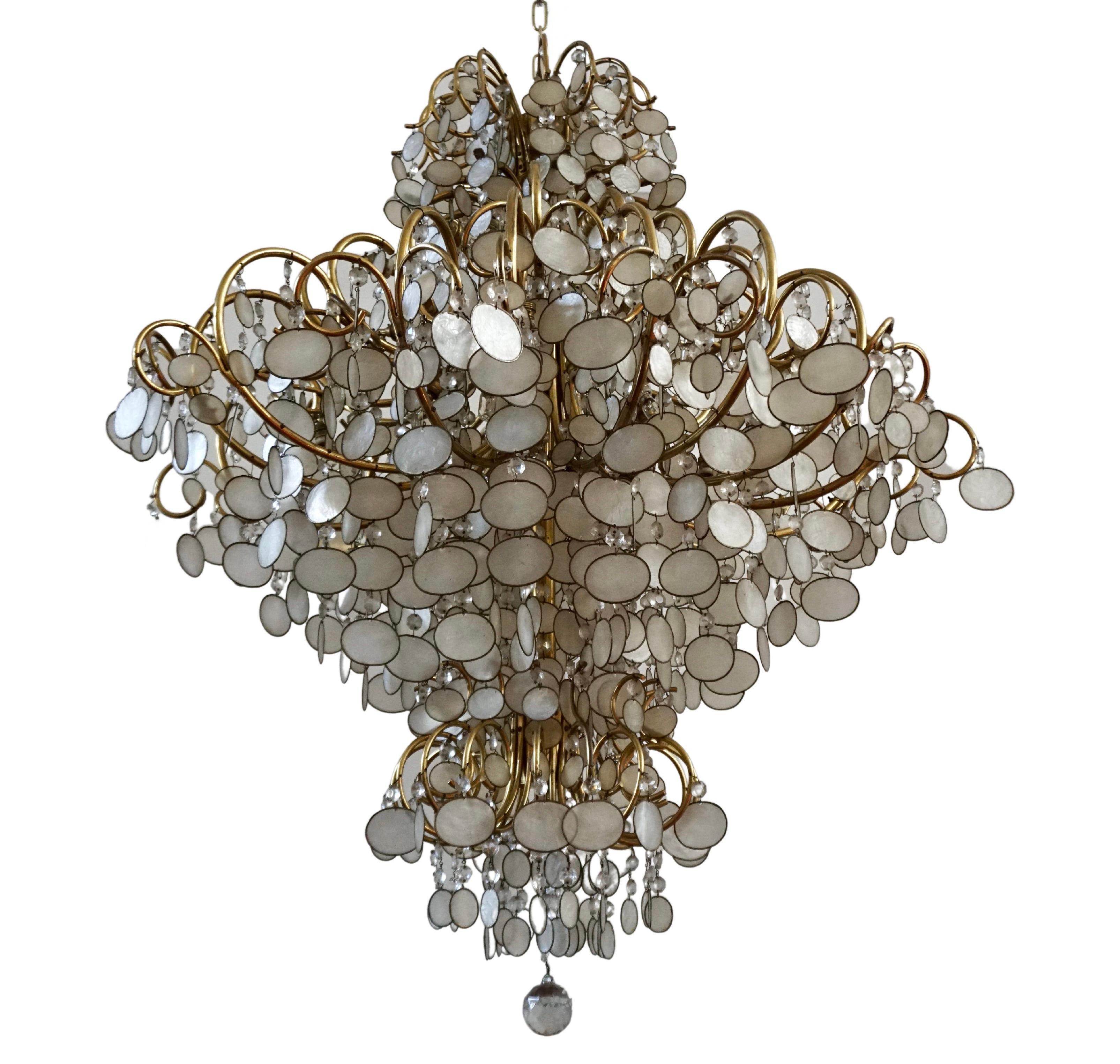 Very Large Chandelier in Brass and Capiz Shell 4