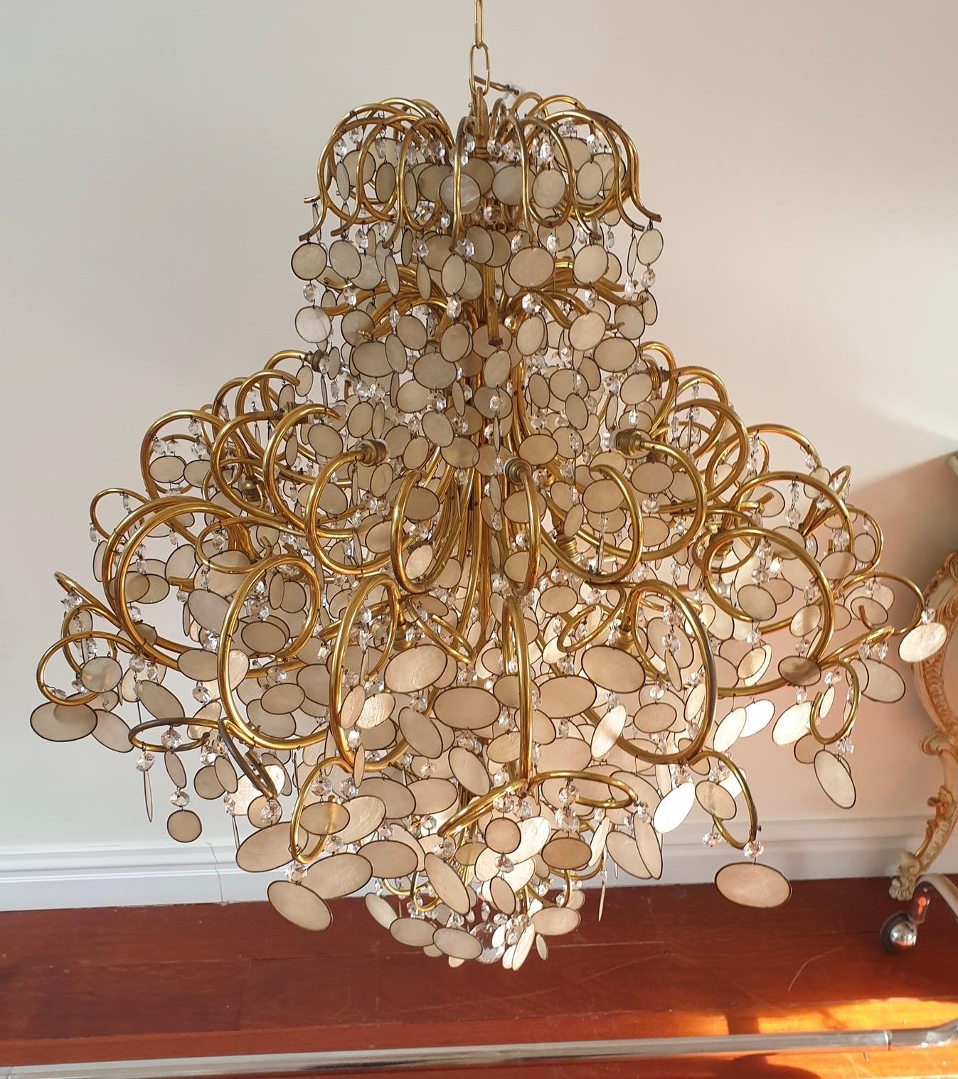 Hollywood Regency Very Large Chandelier in Brass and Capiz Shell