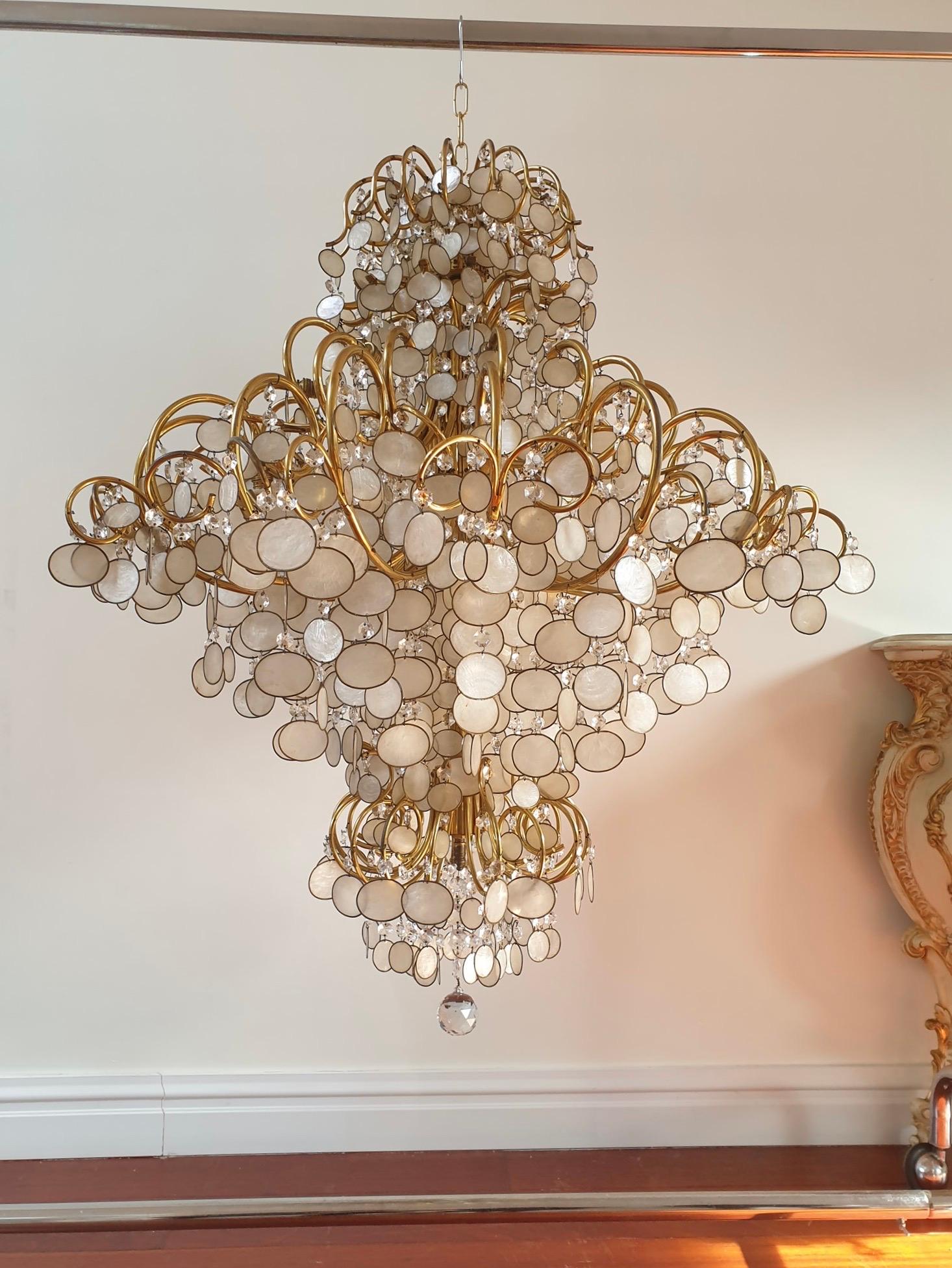 20th Century Very Large Chandelier in Brass and Capiz Shell