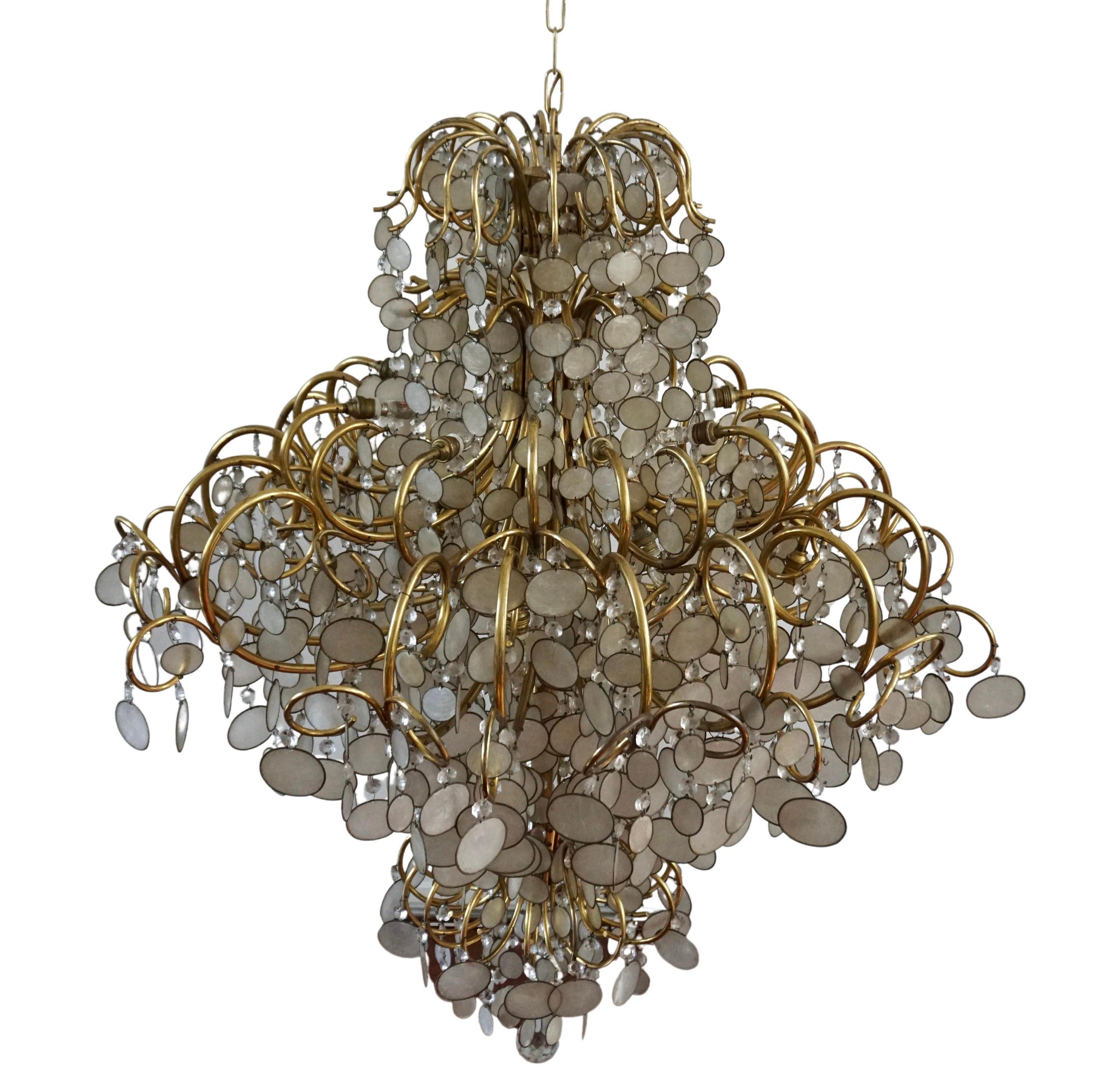 Very Large Chandelier in Brass and Capiz Shell 3