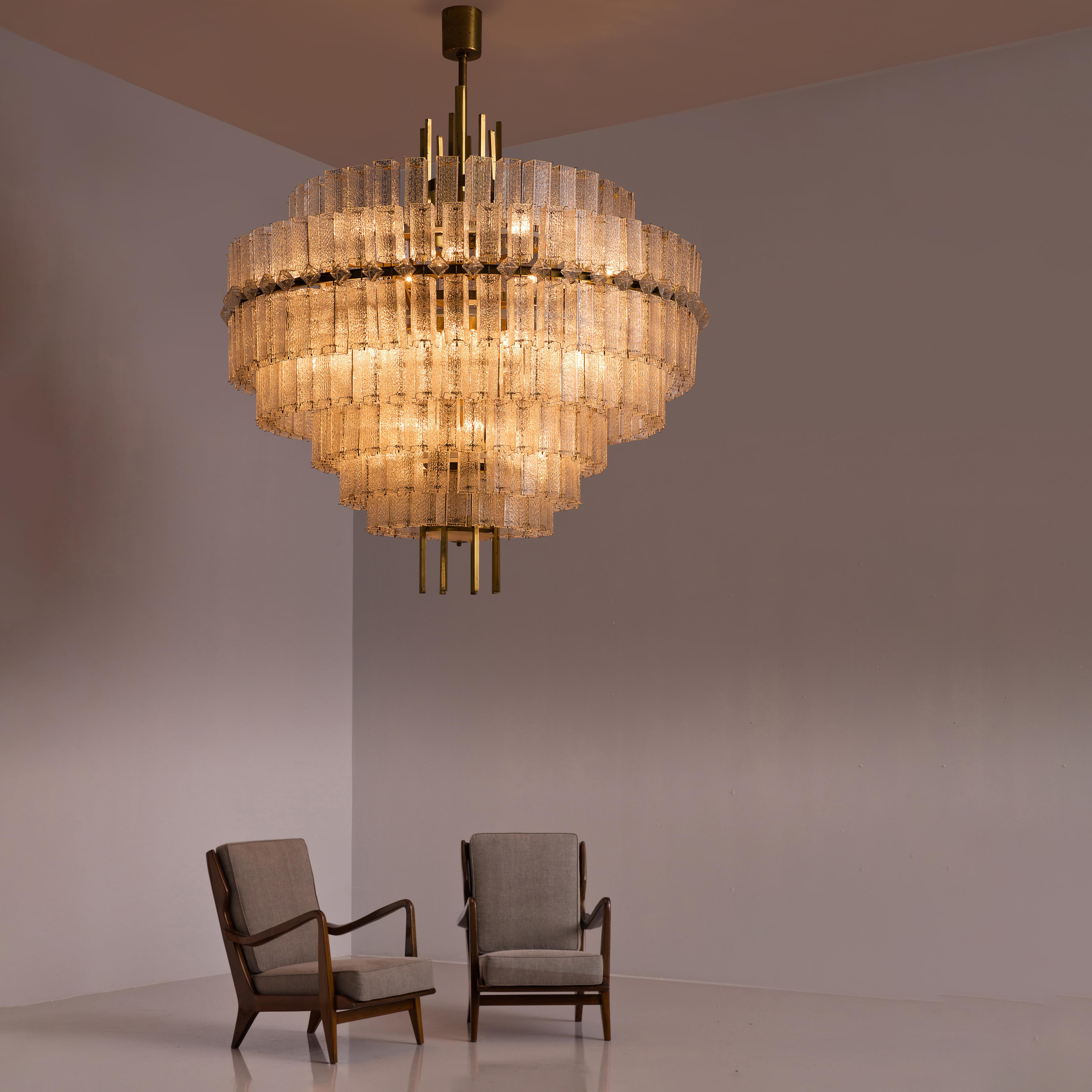 Very Large Chandelier in Brass and Structured Glass Elements  2