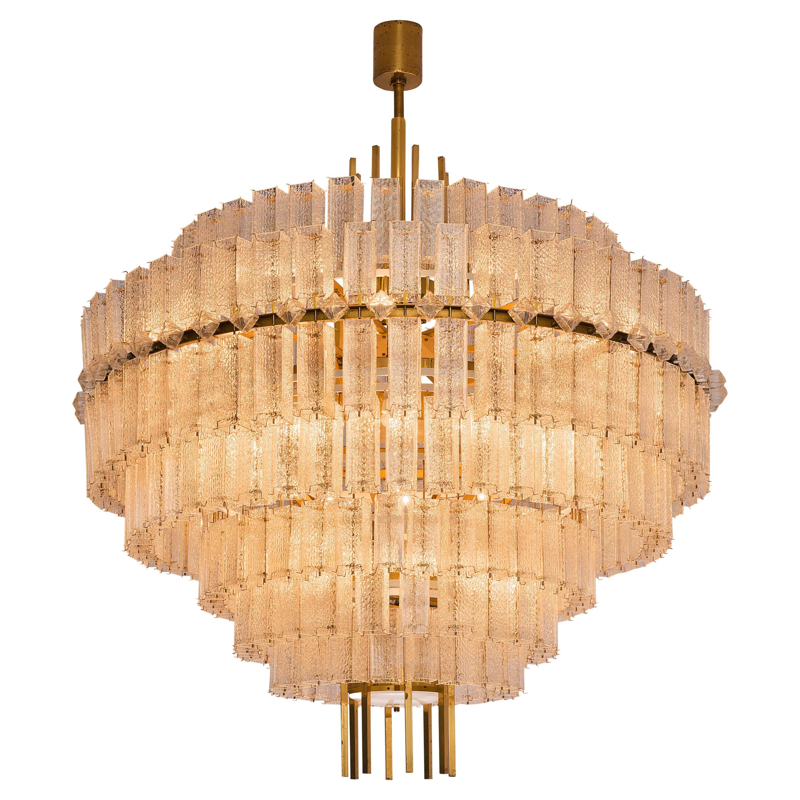 Very Large Chandelier in Brass and Structured Glass Elements 
